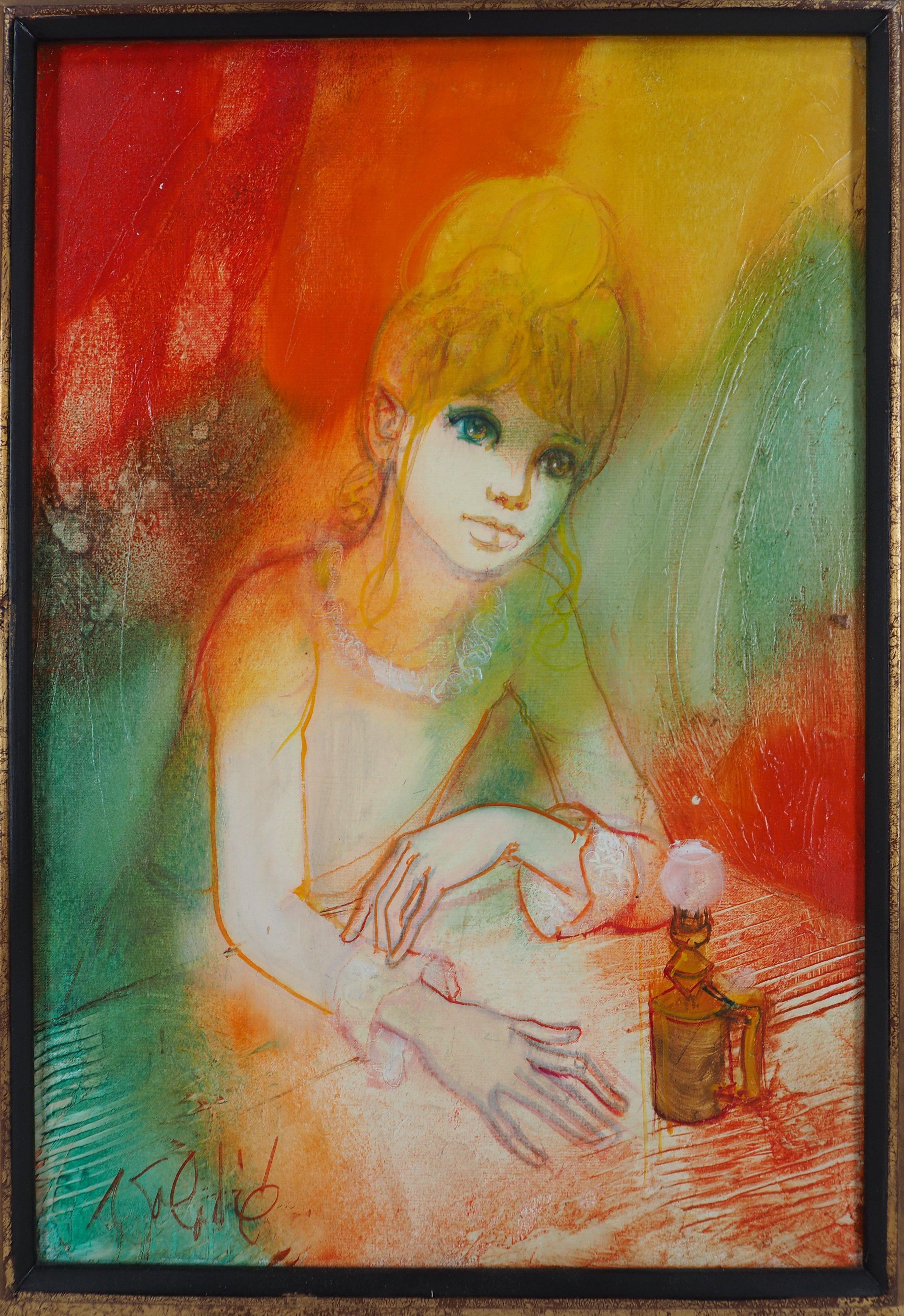 Lampe à l'huile - Femme rêveuse avec une lampe - Huile sur toile signée à la main en vente 3