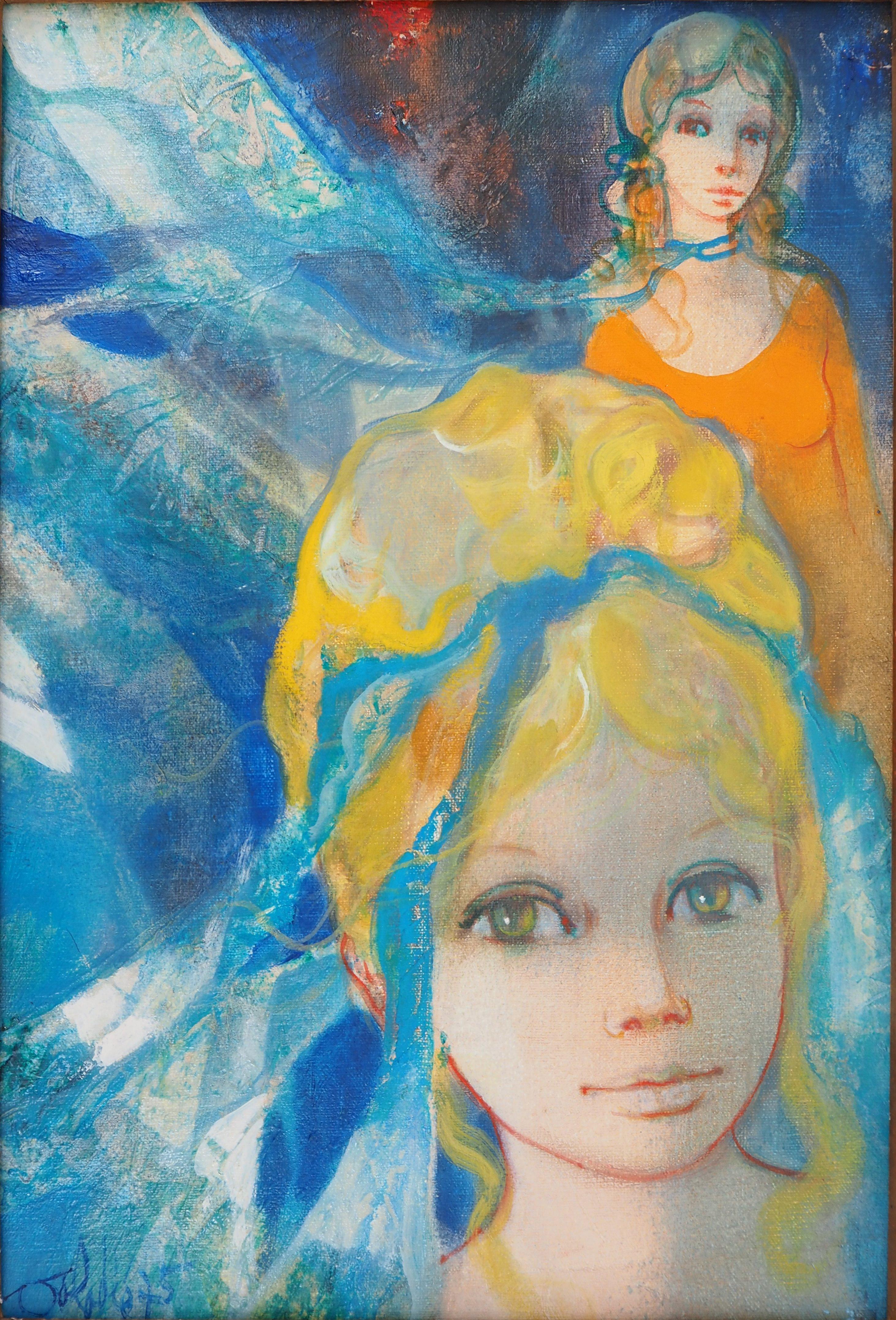 Ragazze con nastri nei capelli - Olio su tela originale firmato a mano #FRAMED - Painting Moderno di Jean-Baptiste Valadie