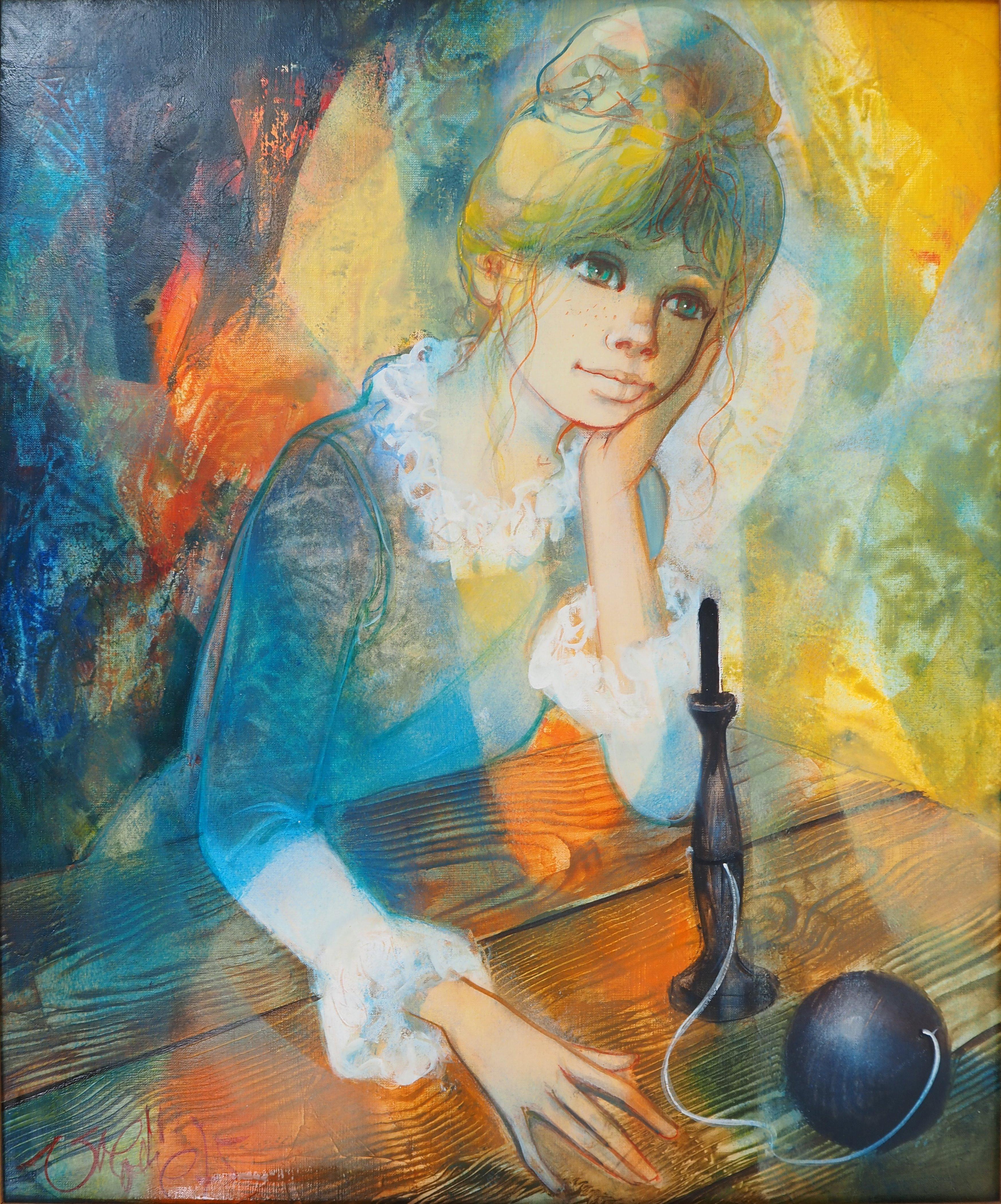 Meditazione: Ragazza con tazza e palla - Olio su tela originale firmato con la mano #FRAMED - Painting Moderno di Jean-Baptiste Valadie