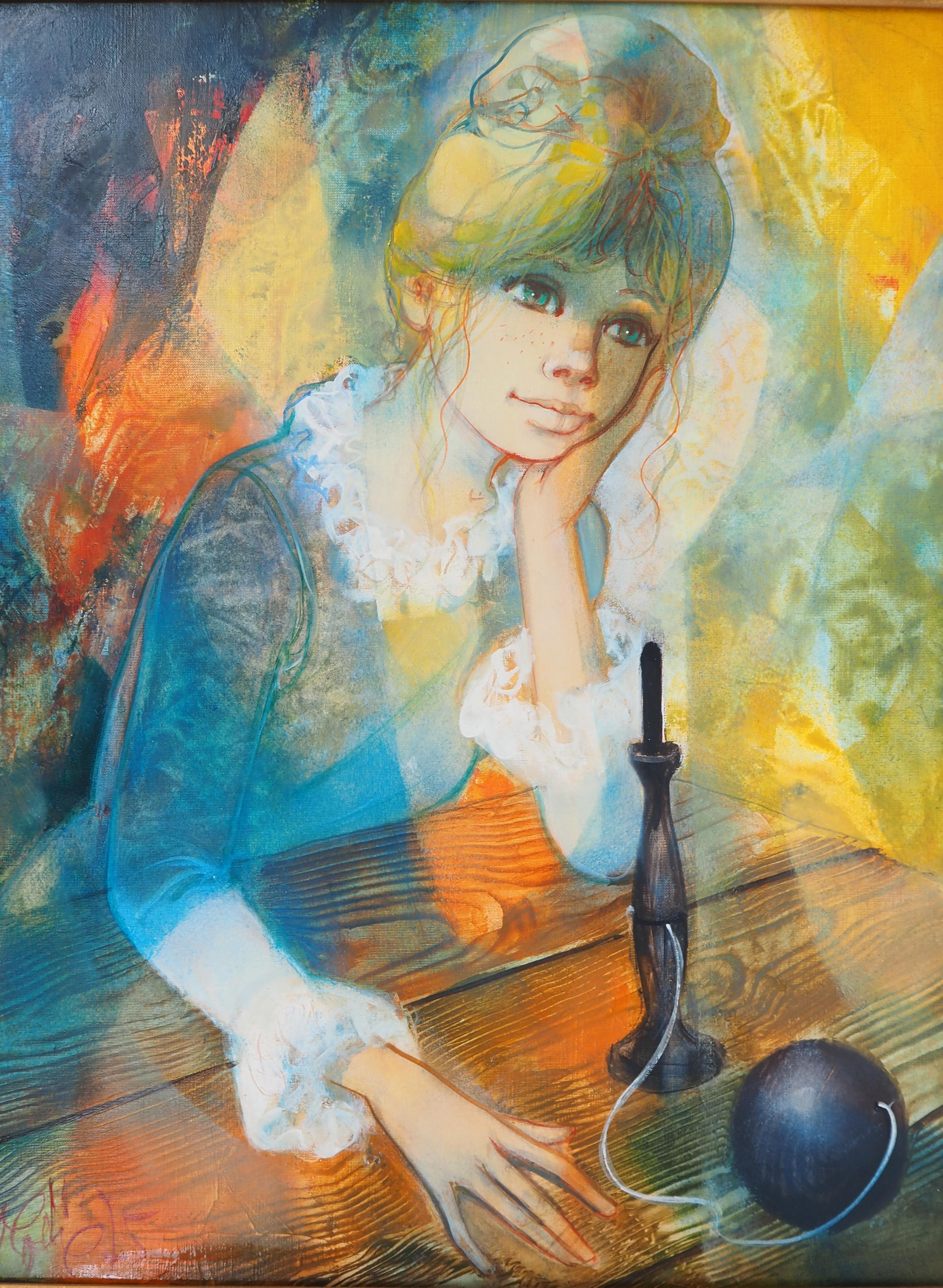Meditazione: Ragazza con tazza e palla - Olio su tela originale firmato con la mano #FRAMED - Portrait Painting Marrone di Jean-Baptiste Valadie