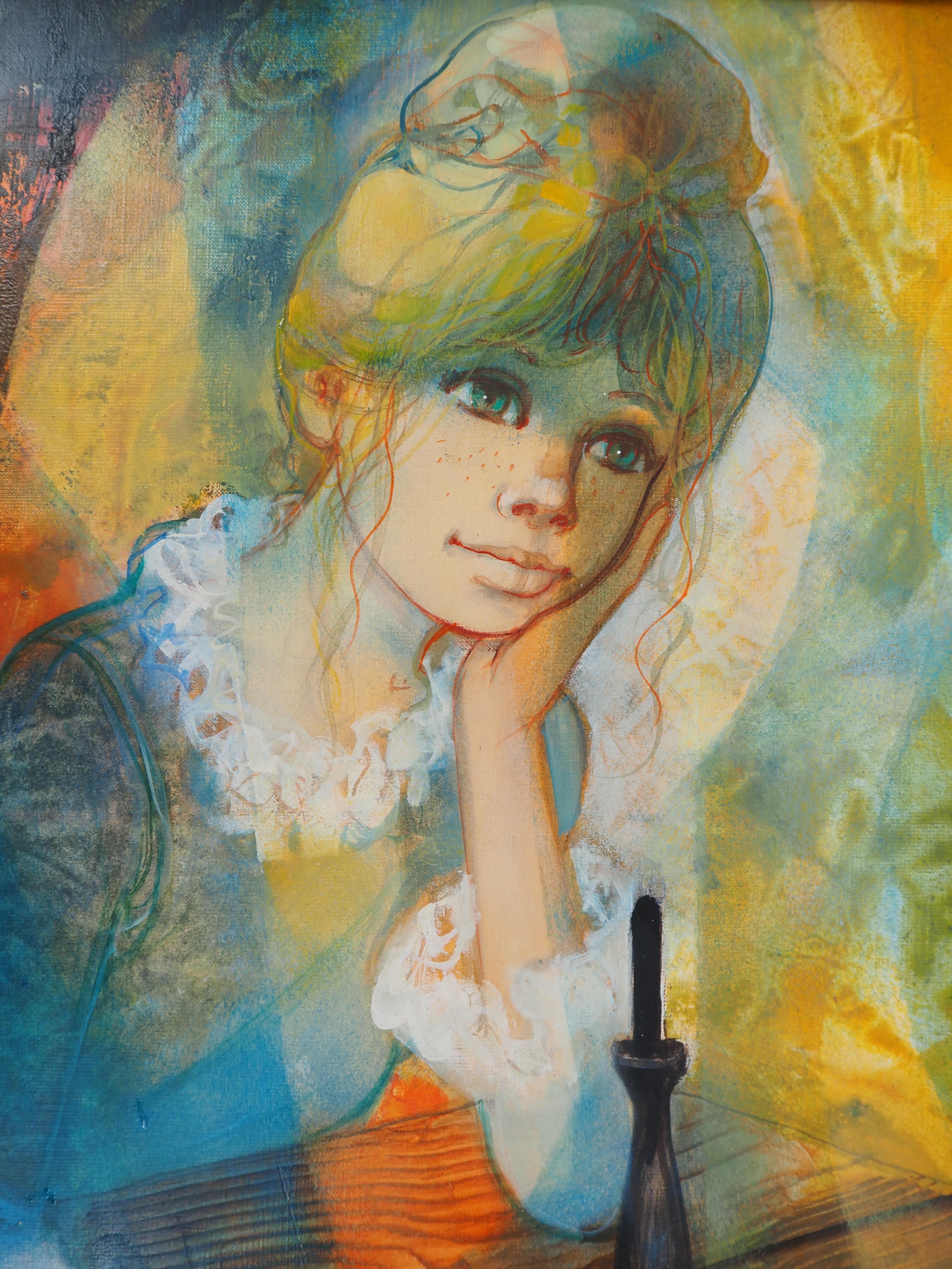 Meditazione: Ragazza con tazza e palla - Olio su tela originale firmato con la mano #FRAMED in vendita 1