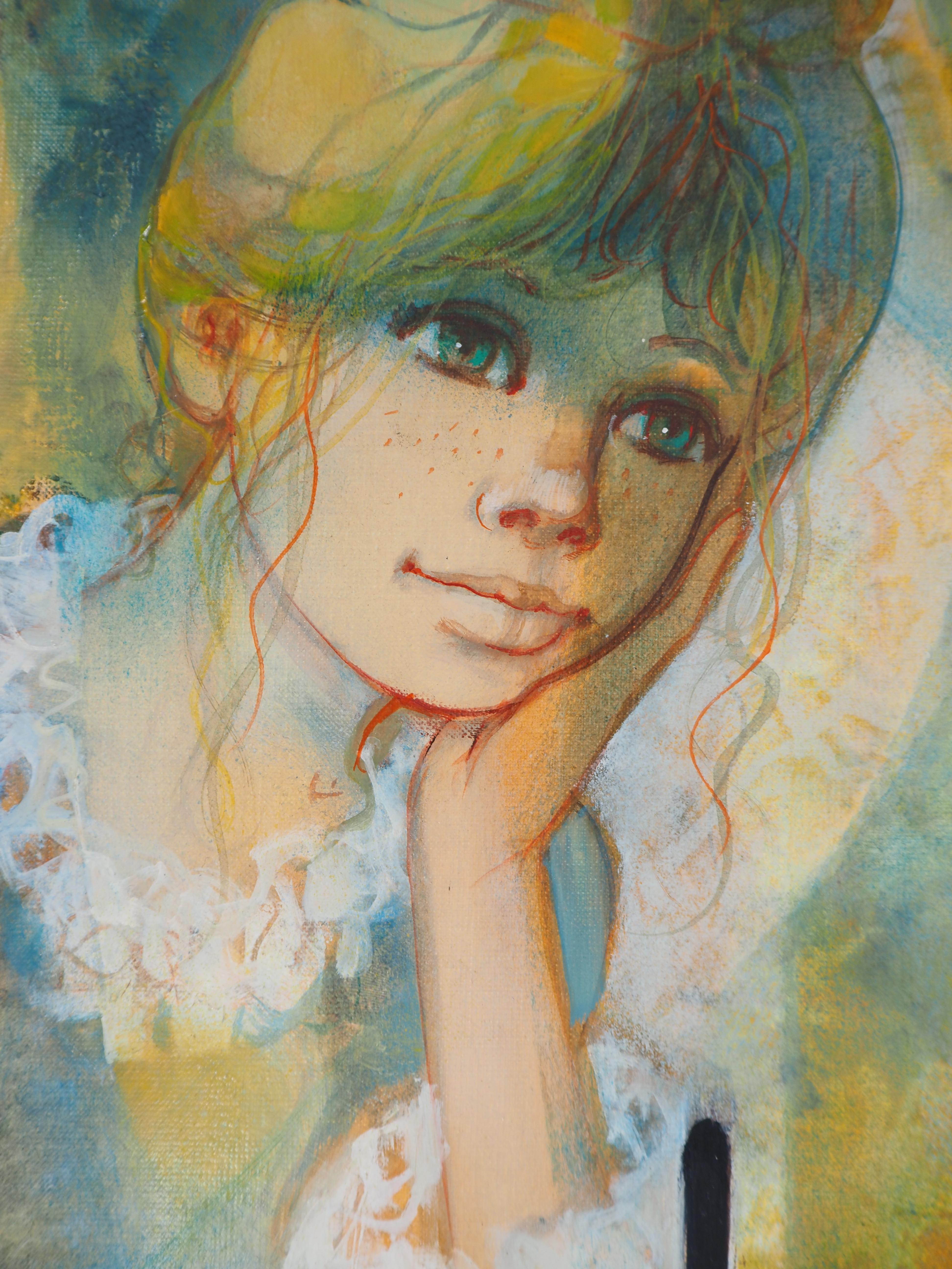 Meditazione: Ragazza con tazza e palla - Olio su tela originale firmato con la mano #FRAMED in vendita 2