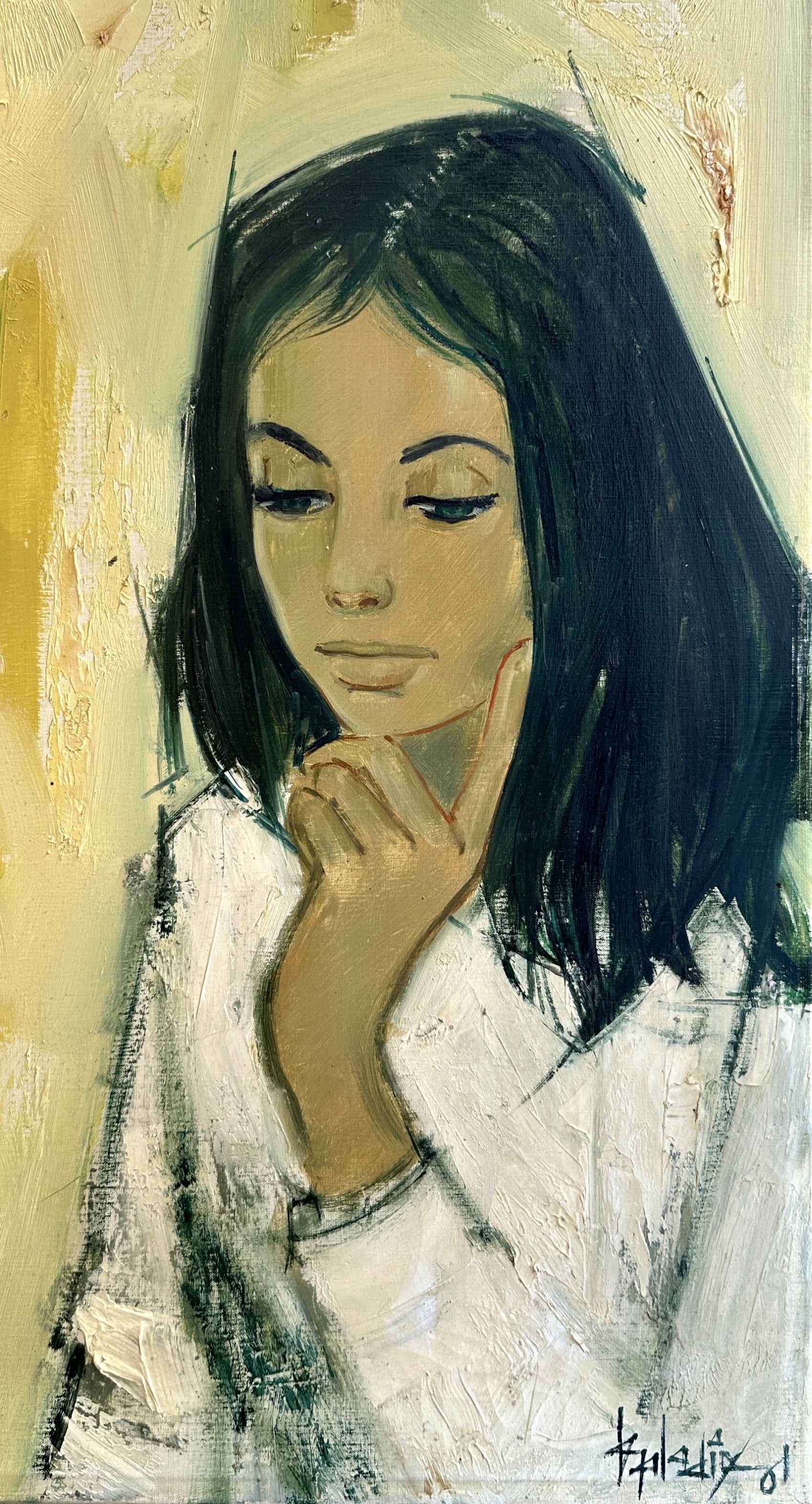 Portrait d'une jeune fille - Huile sur toile signée à la main - Painting de Jean-Baptiste Valadie