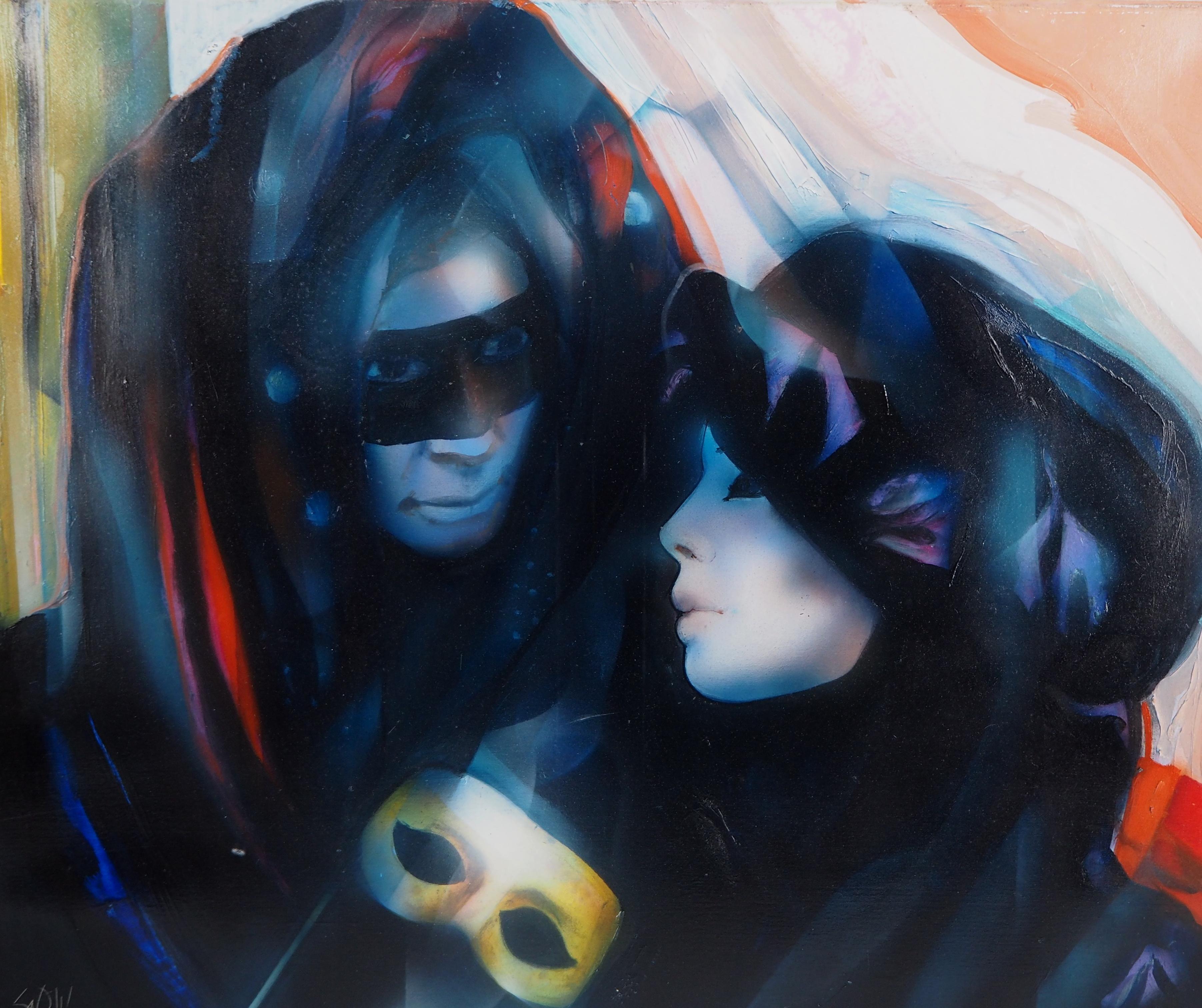 Venice carnival : The Lovers - Handsigned oil on canvas - Painting by Jean-Baptiste Valadie