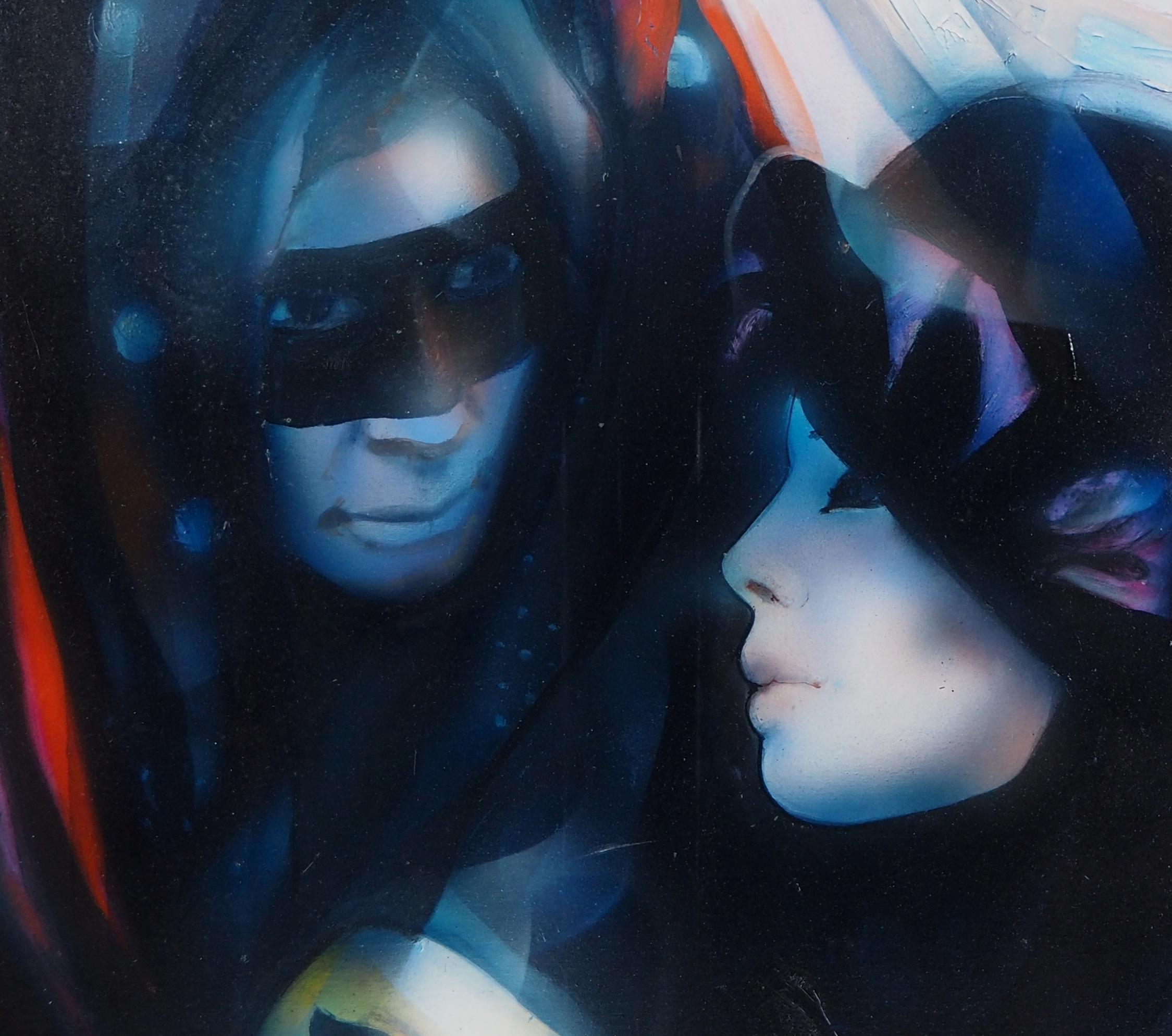 Venice carnival : The Lovers - Handsigned oil on canvas - Black Figurative Painting by Jean-Baptiste Valadie