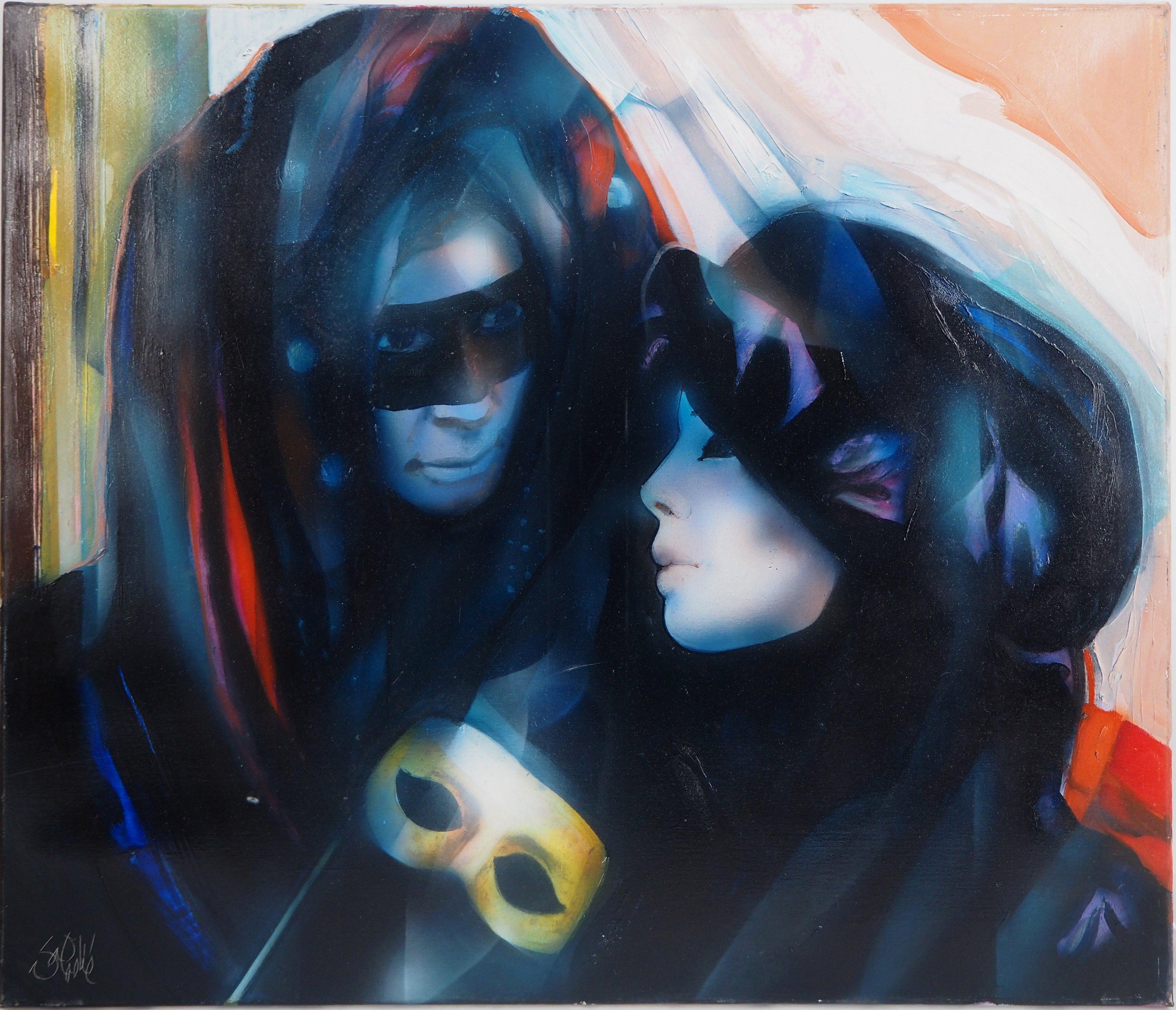 Jean-Baptiste Valadie Figurative Painting - Venice carnival : The Lovers - Handsigned oil on canvas