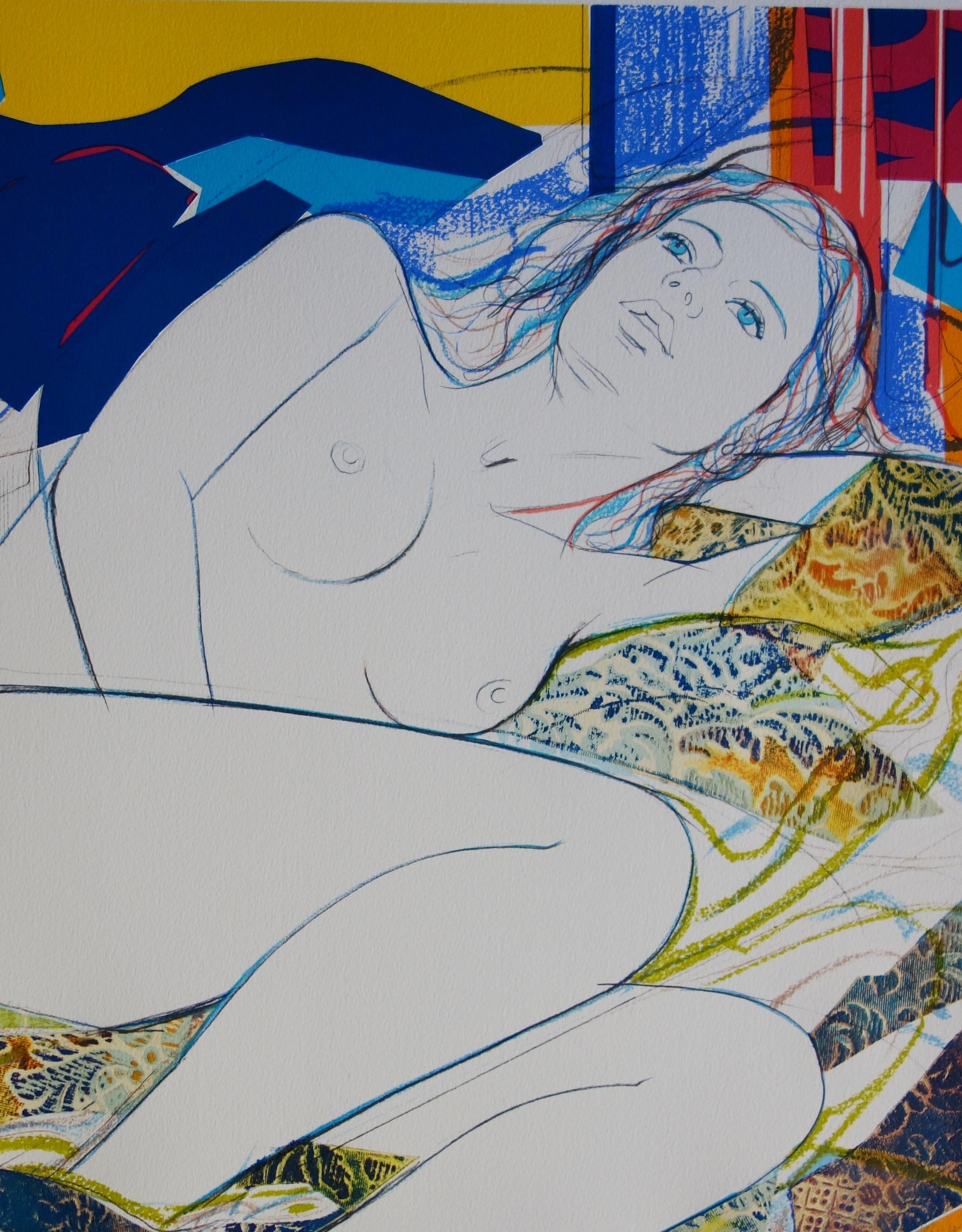 Blue Eyes - Original handsigned lithograph - Gray Nude Print by Jean-Baptiste Valadie