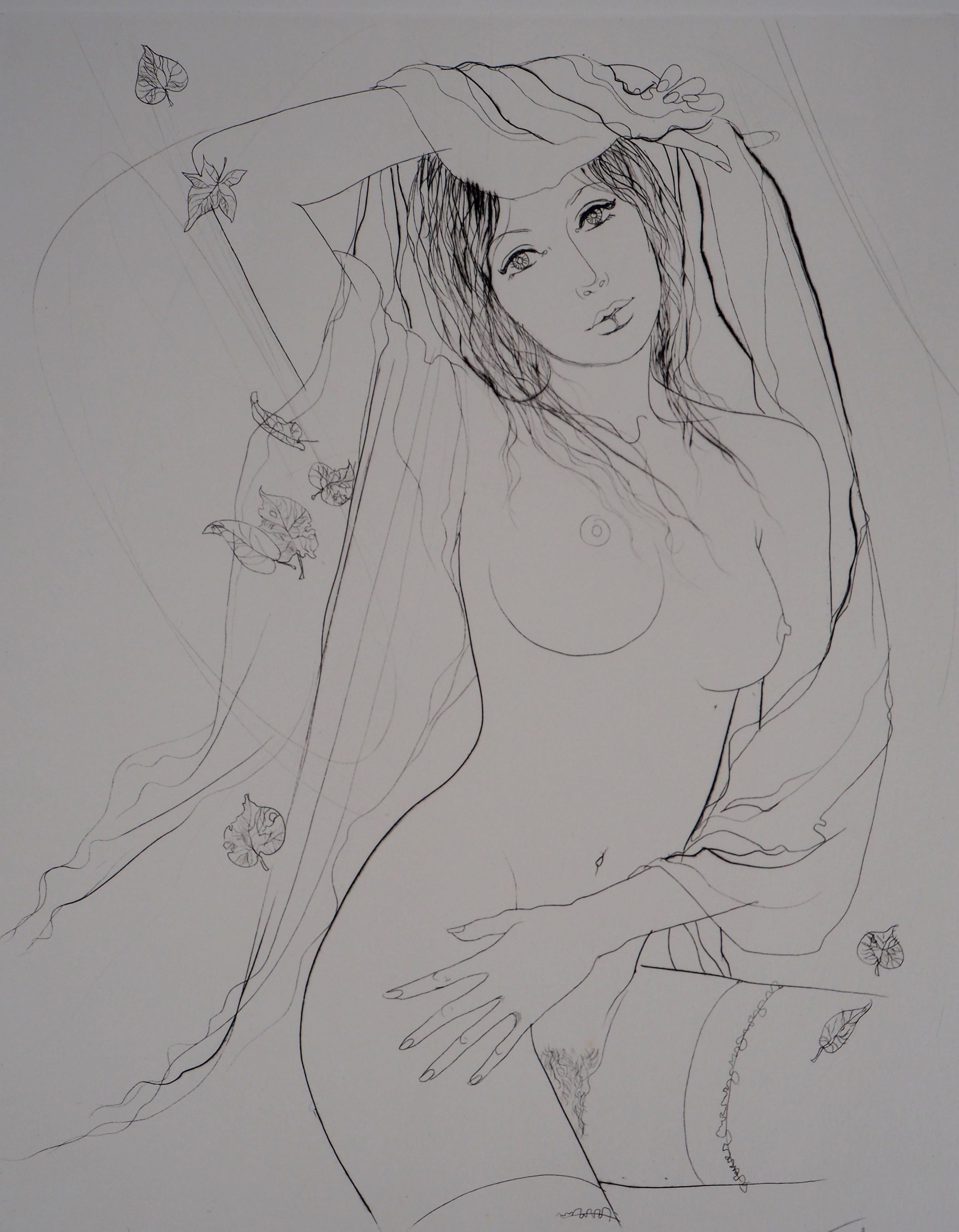 Fall : Woman under a Tree - Original Etching, Handsigned - Numbered / 225 - Modern Print by Jean-Baptiste Valadie