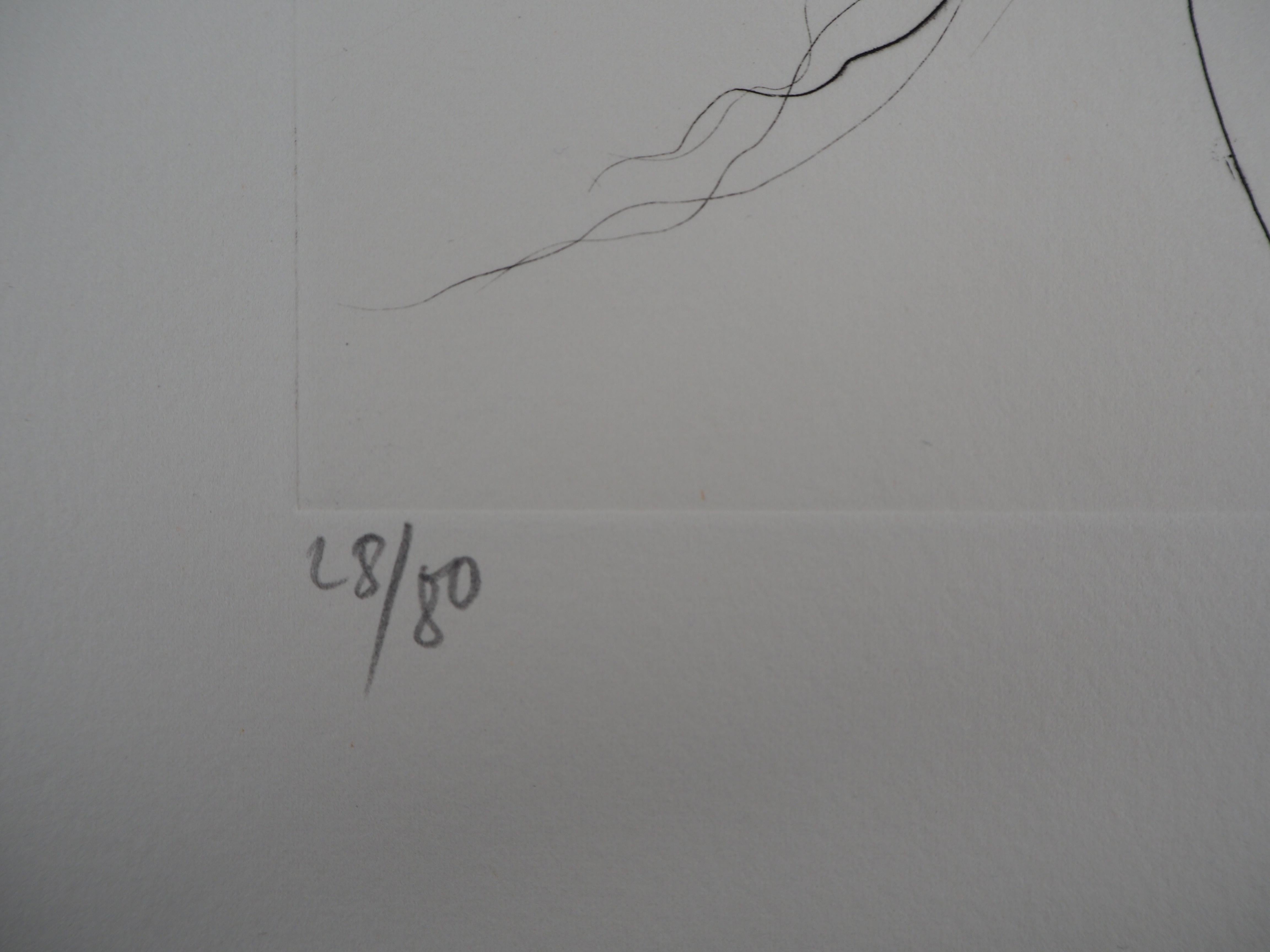 Herbst: Frau unter einem Baum – Original-Radierung, handsigniert – nummeriert / 225 (Grau), Nude Print, von Jean-Baptiste Valadie
