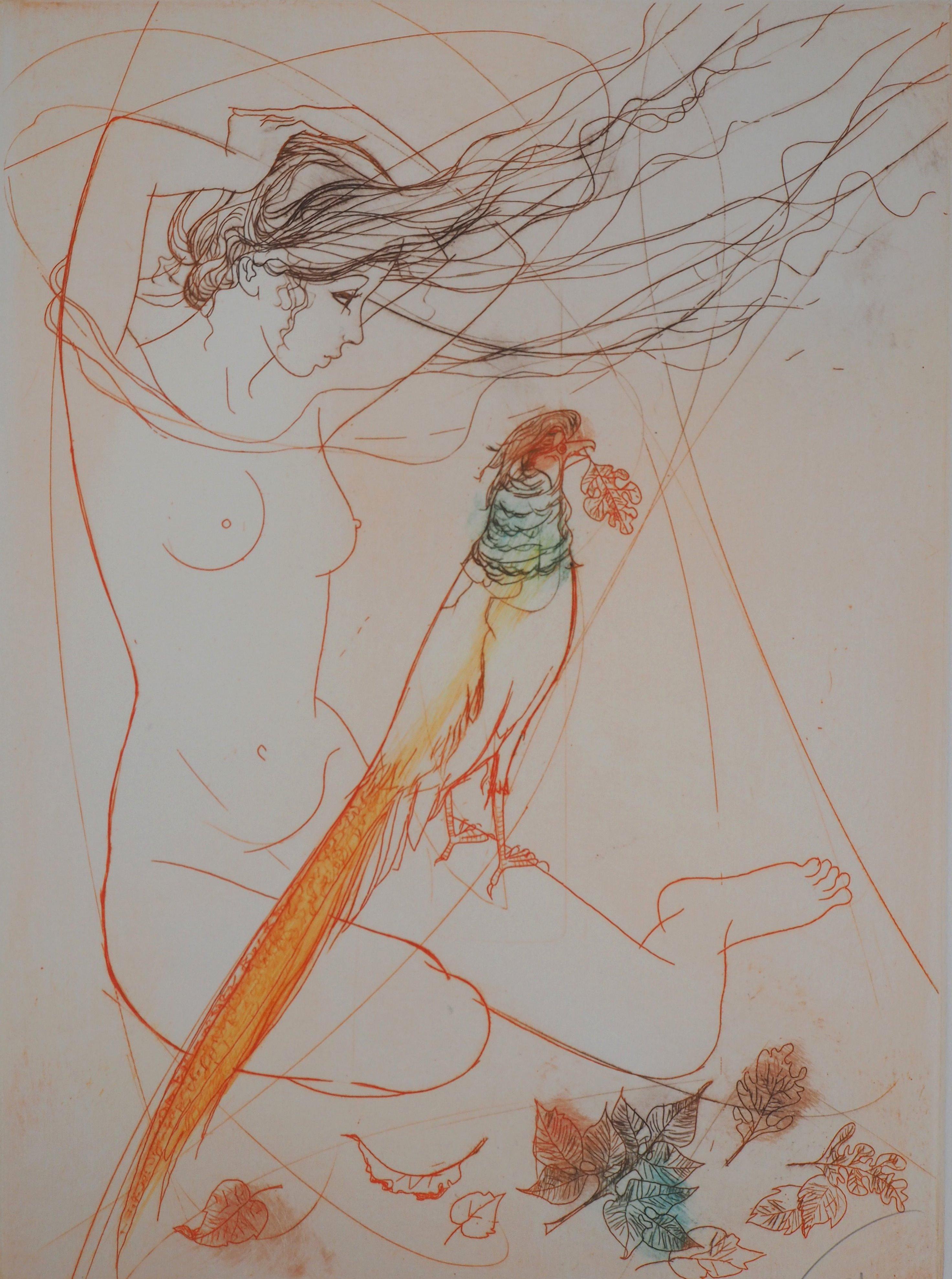 Fall : Woman with a Pheasant - Original Etching, Handsigned - Modern Print by Jean-Baptiste Valadie