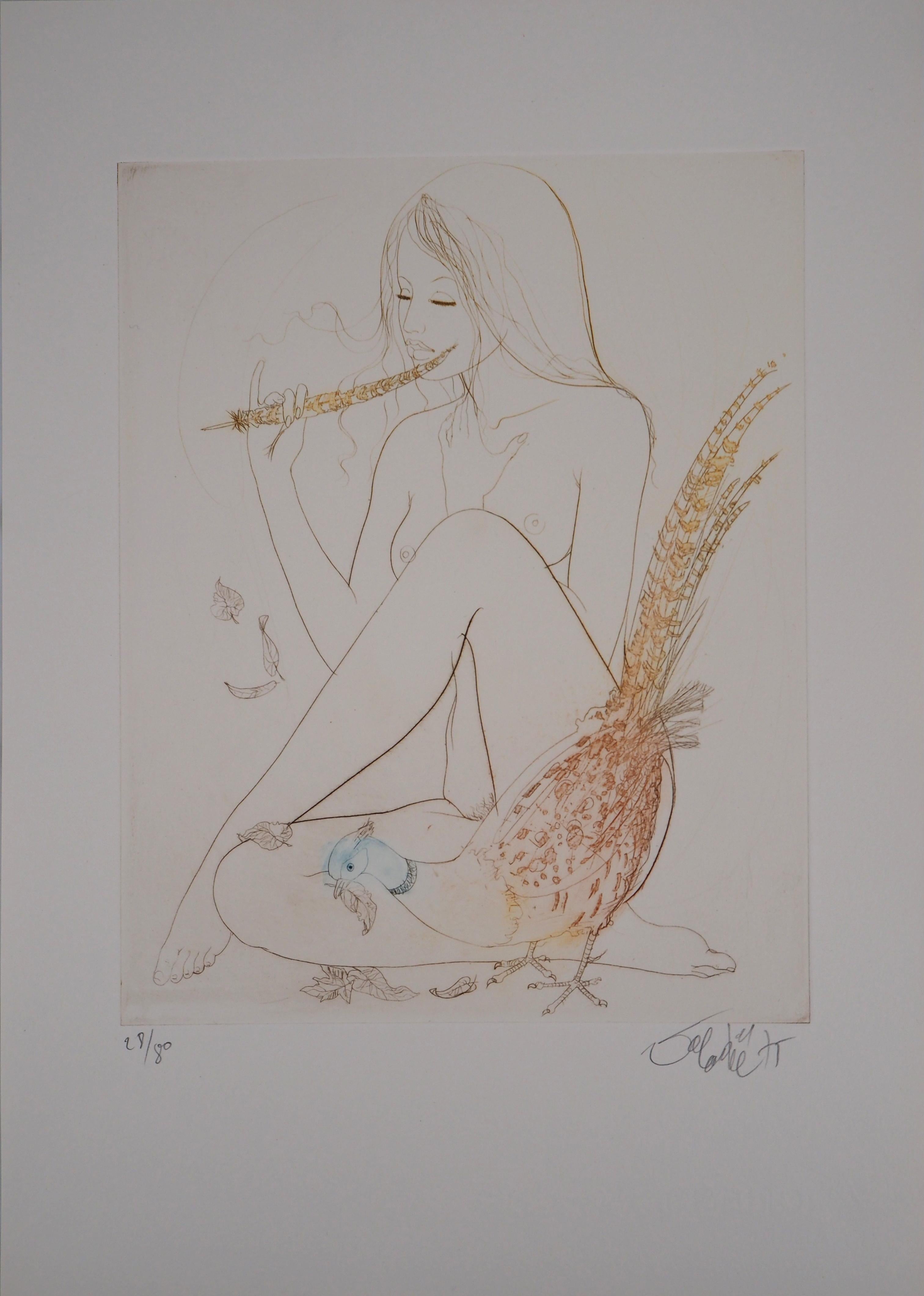 Jean-Baptiste Valadie Nude Print - Fall : Woman with Pheasant - Original Etching, Handsigned (Limited /80)