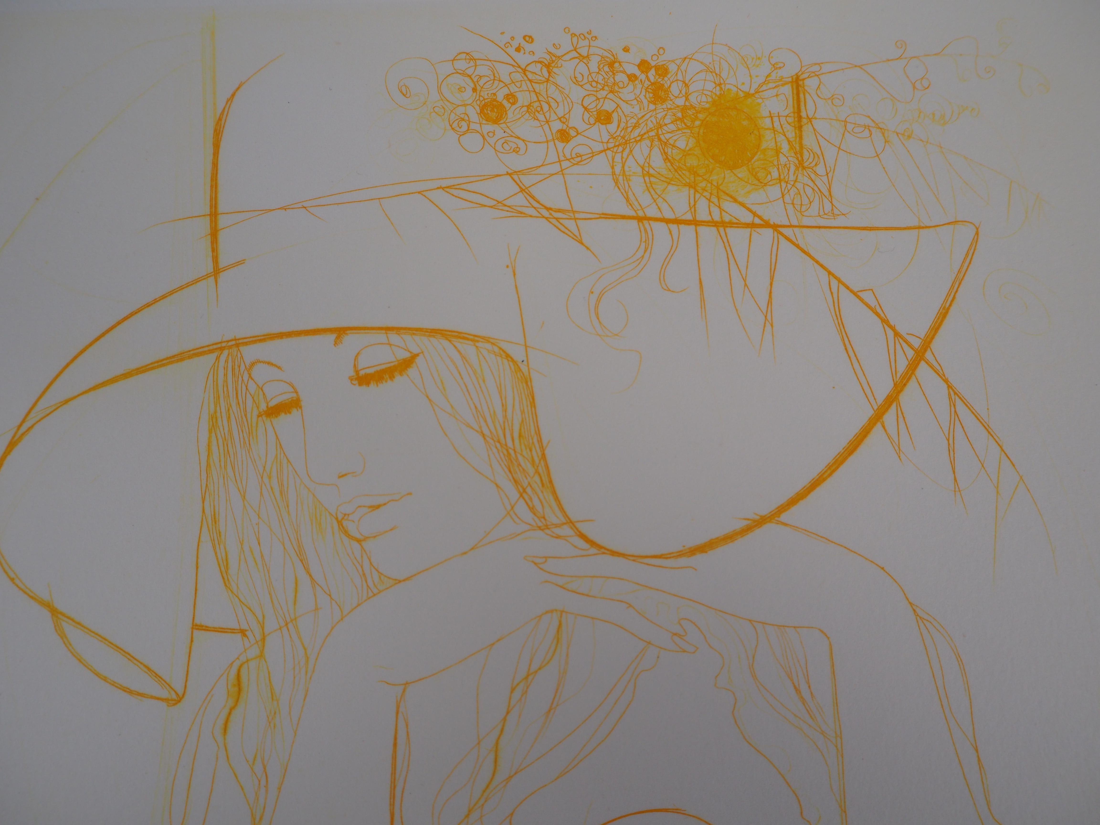 Fall : Women with a Hat - Original Etching, Handsigned For Sale 1