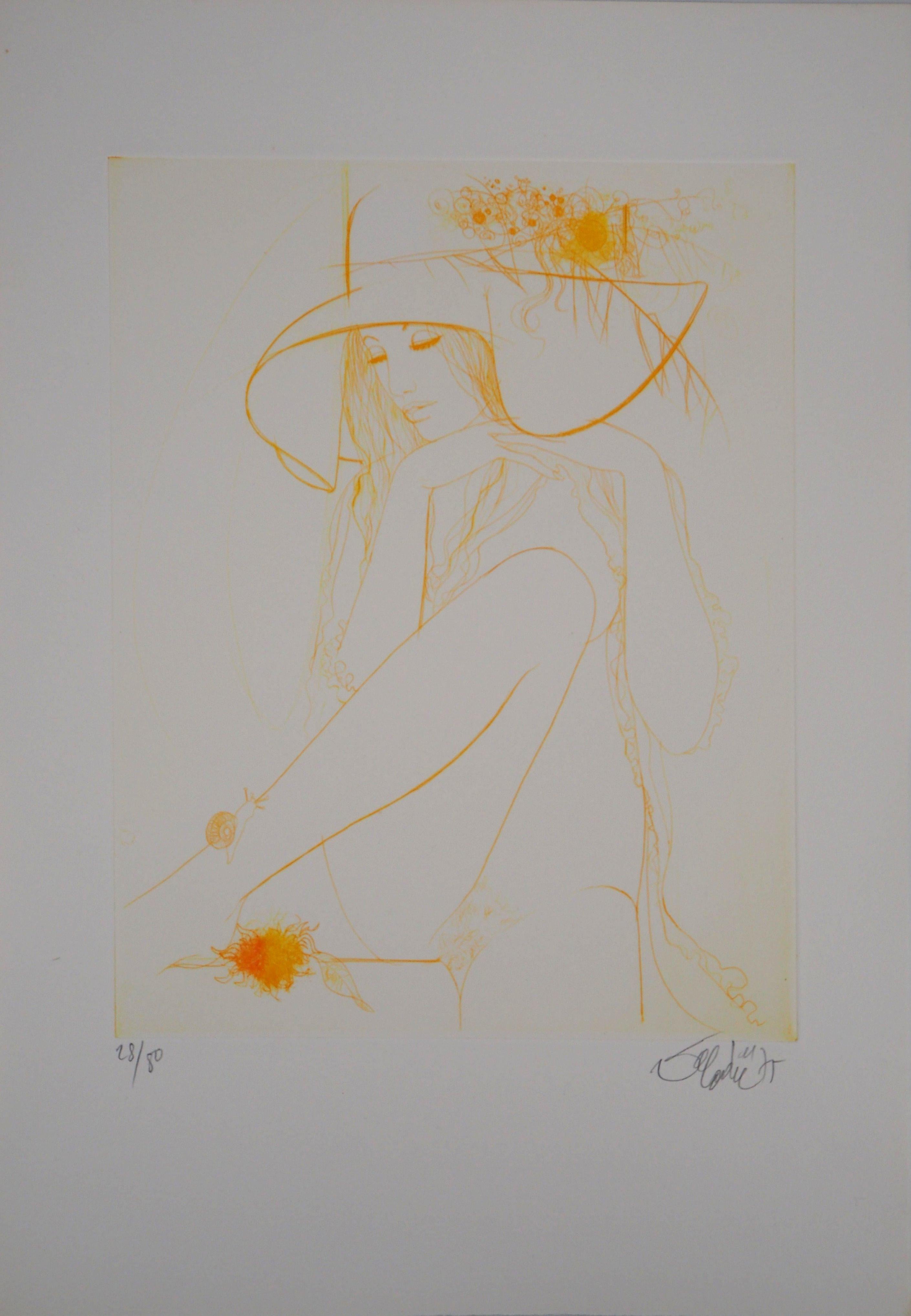 Fall : Women with a Hat - Original Etching, Handsigned