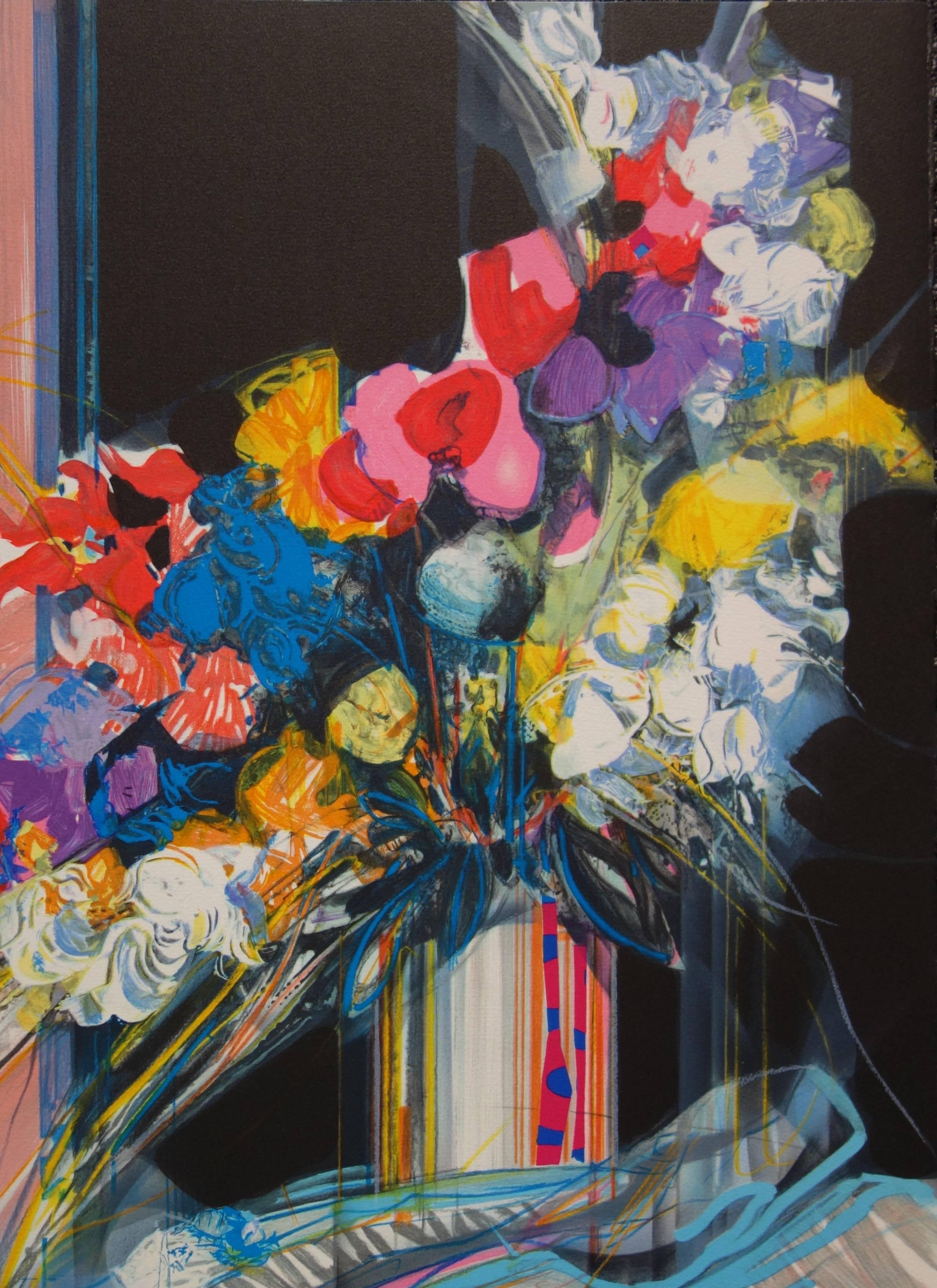 Flores azules, blancas y rojas - Litografía original firmada a mano - 199ex - Print Moderno de Jean-Baptiste Valadie