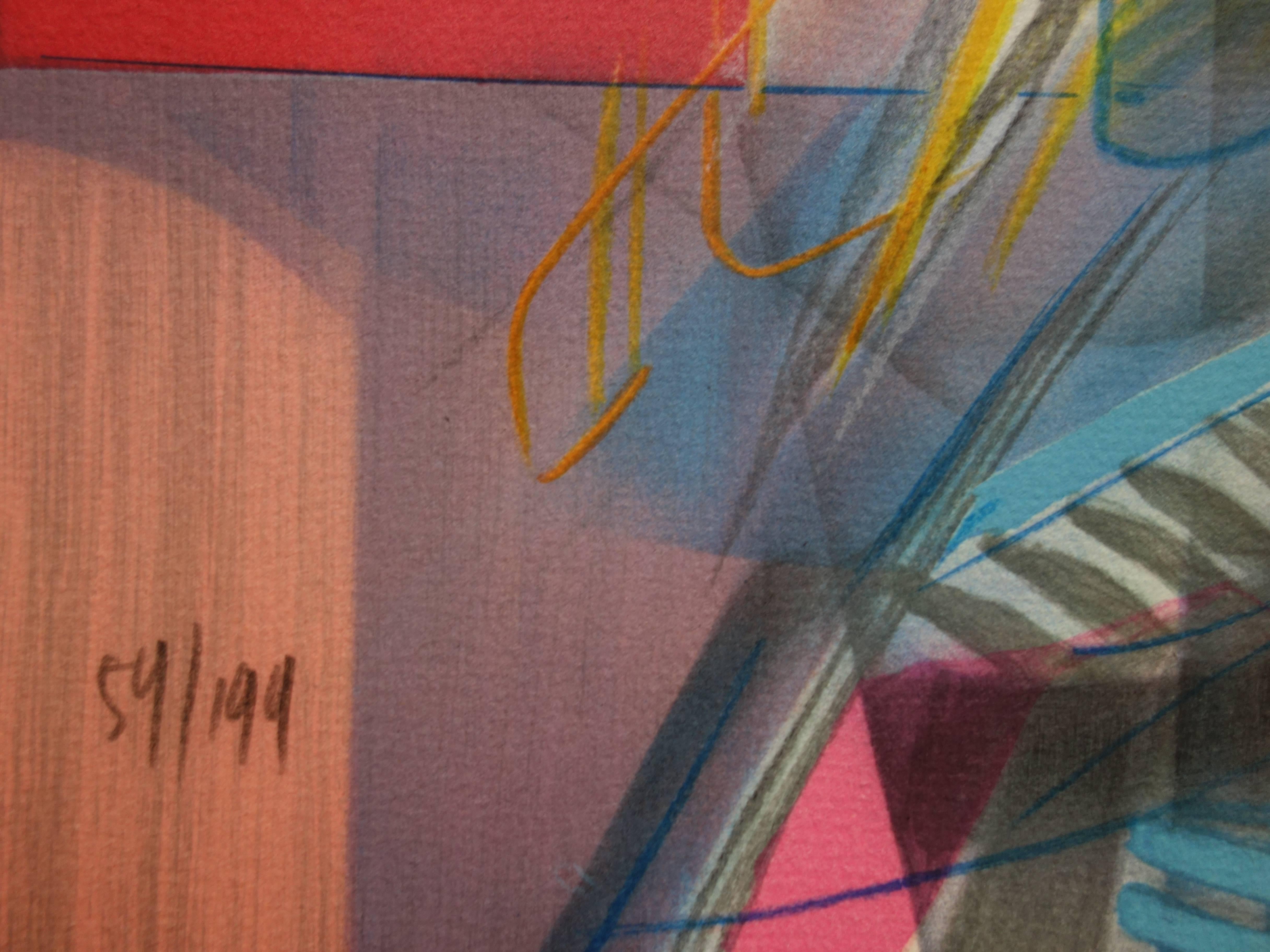 Blumen Blau, Weiß & Rot - Original handsignierte Lithographie im Angebot 1