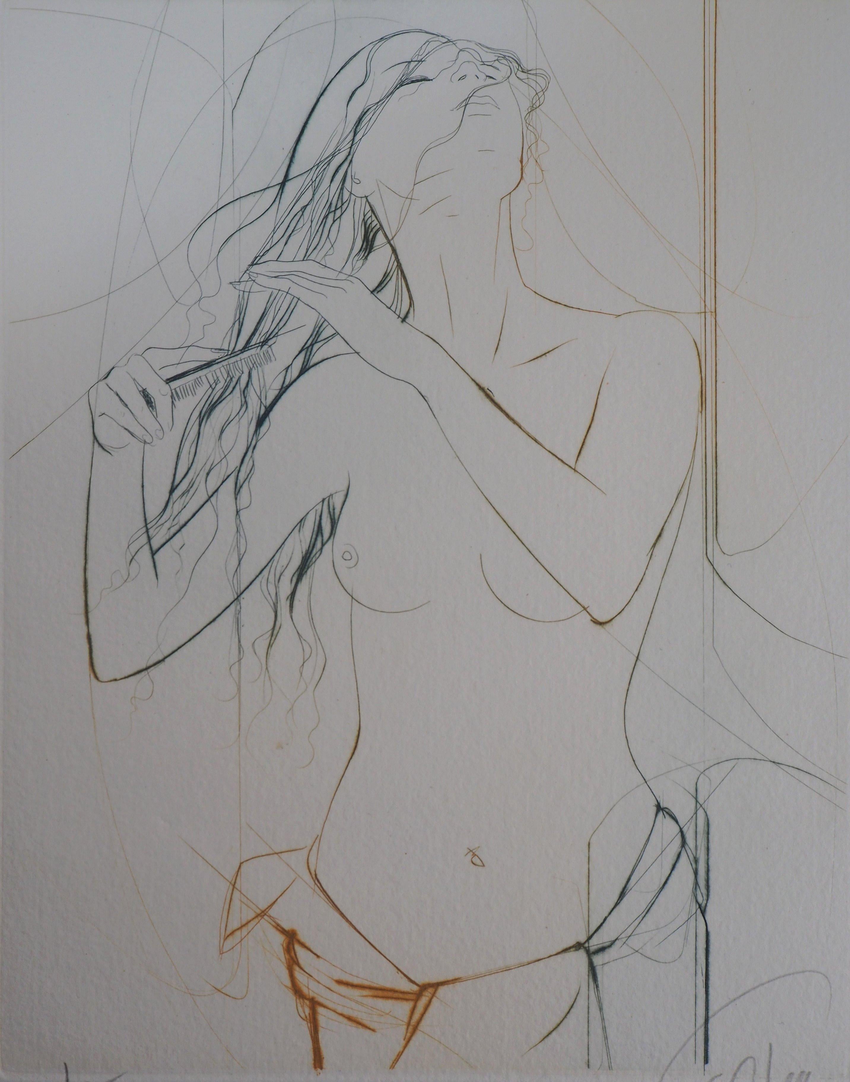 Nude Combing Her Hair - Original Etching, Handsigned - Modern Print by Jean-Baptiste Valadie