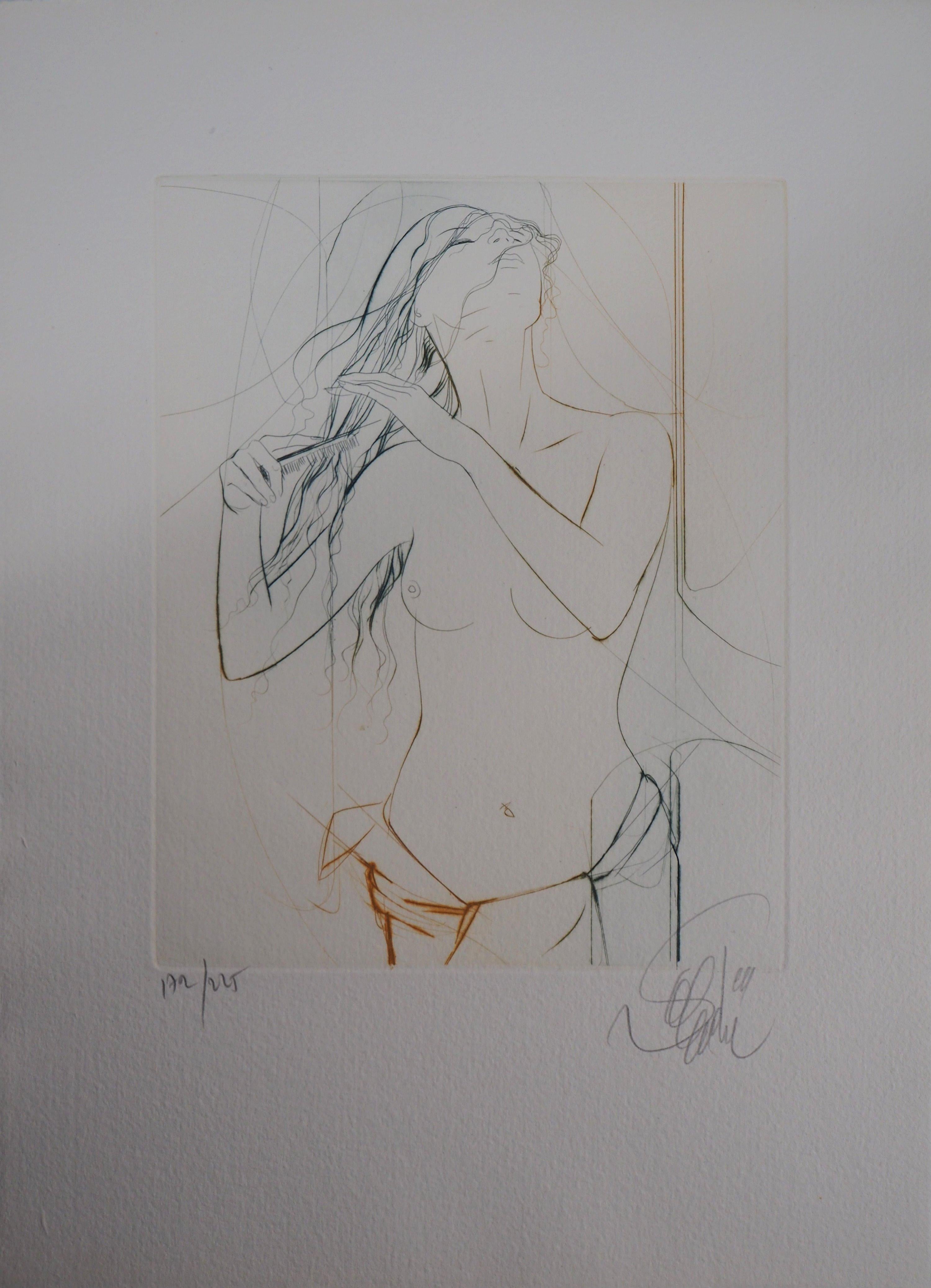 Jean-Baptiste Valadie Nude Print - Nude Combing Her Hair - Original Etching, Handsigned