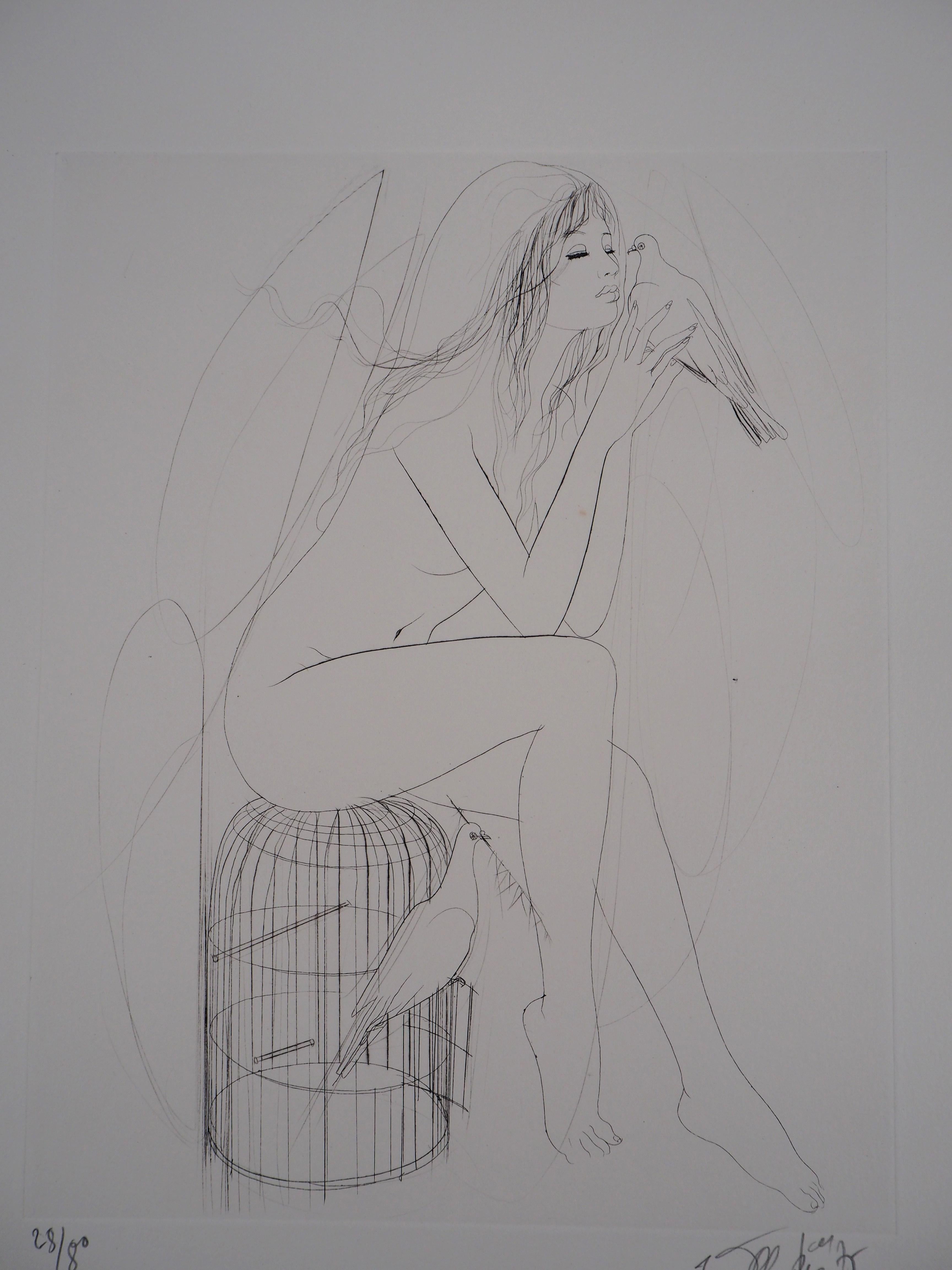 Nude with Doves - Original Etching, Handsigned For Sale 5