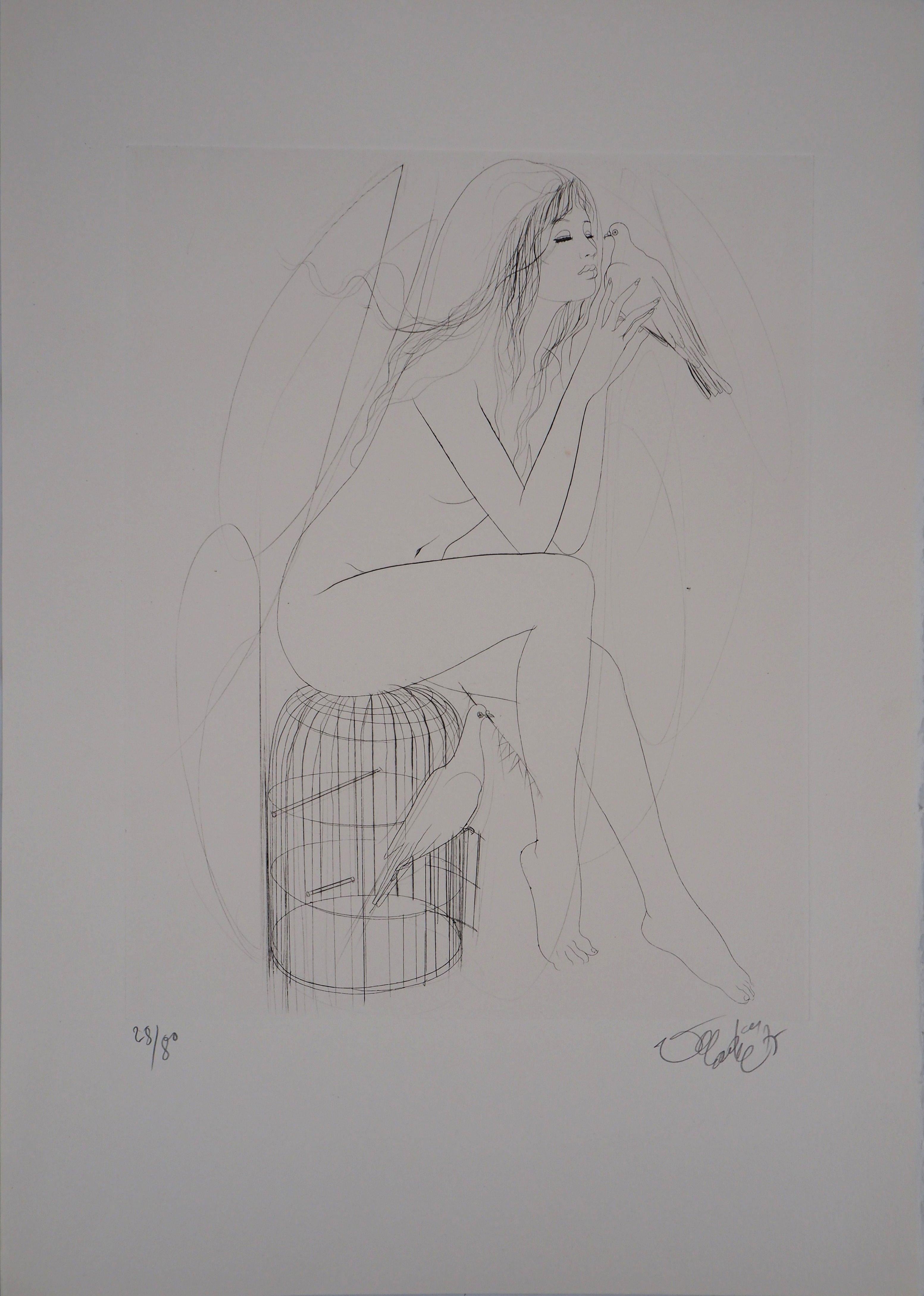 Nude with Doves - Original Etching, Handsigned