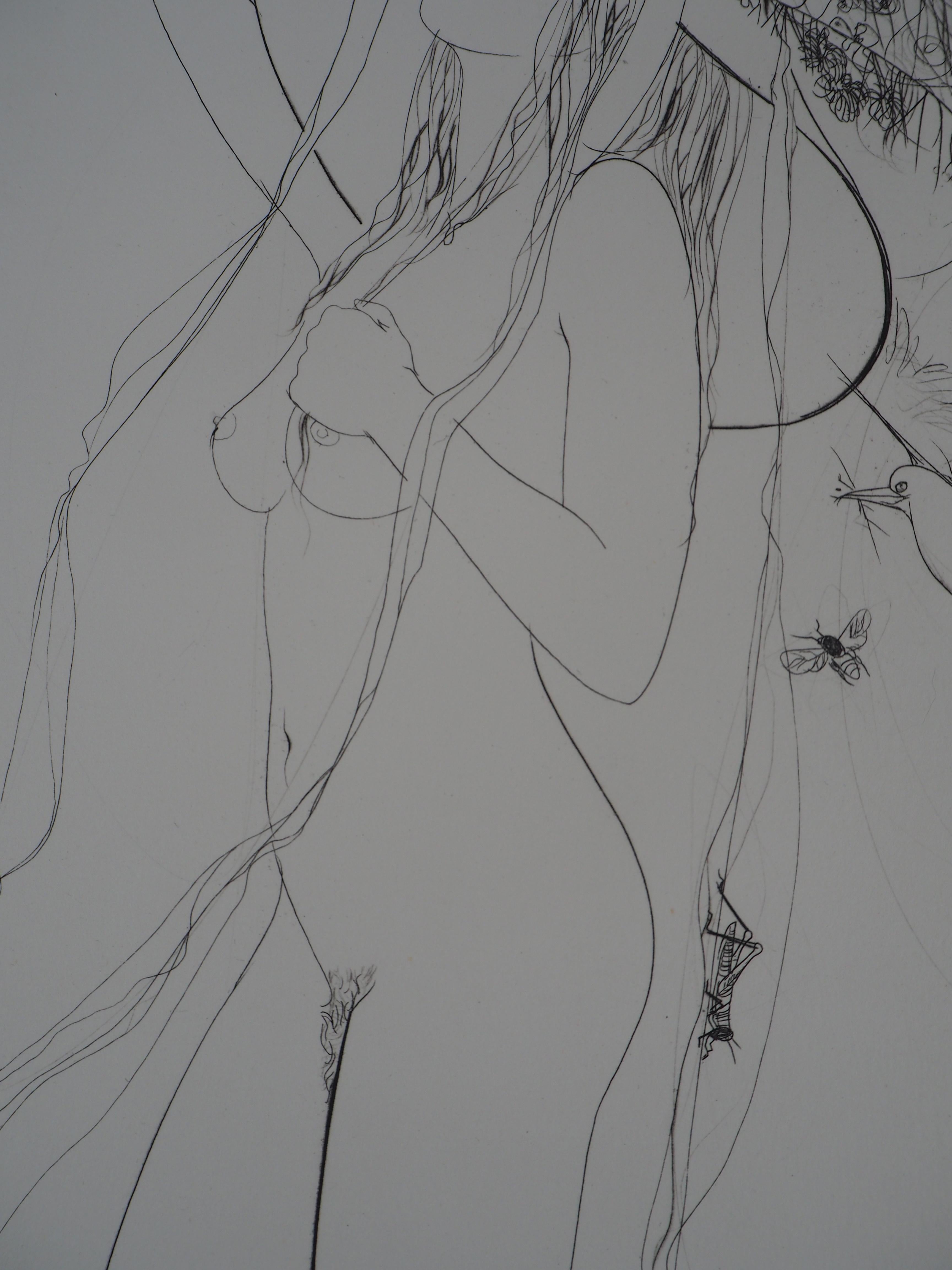 Nude with Tall Hat and Dove - Original Etching, Handsigned For Sale 1