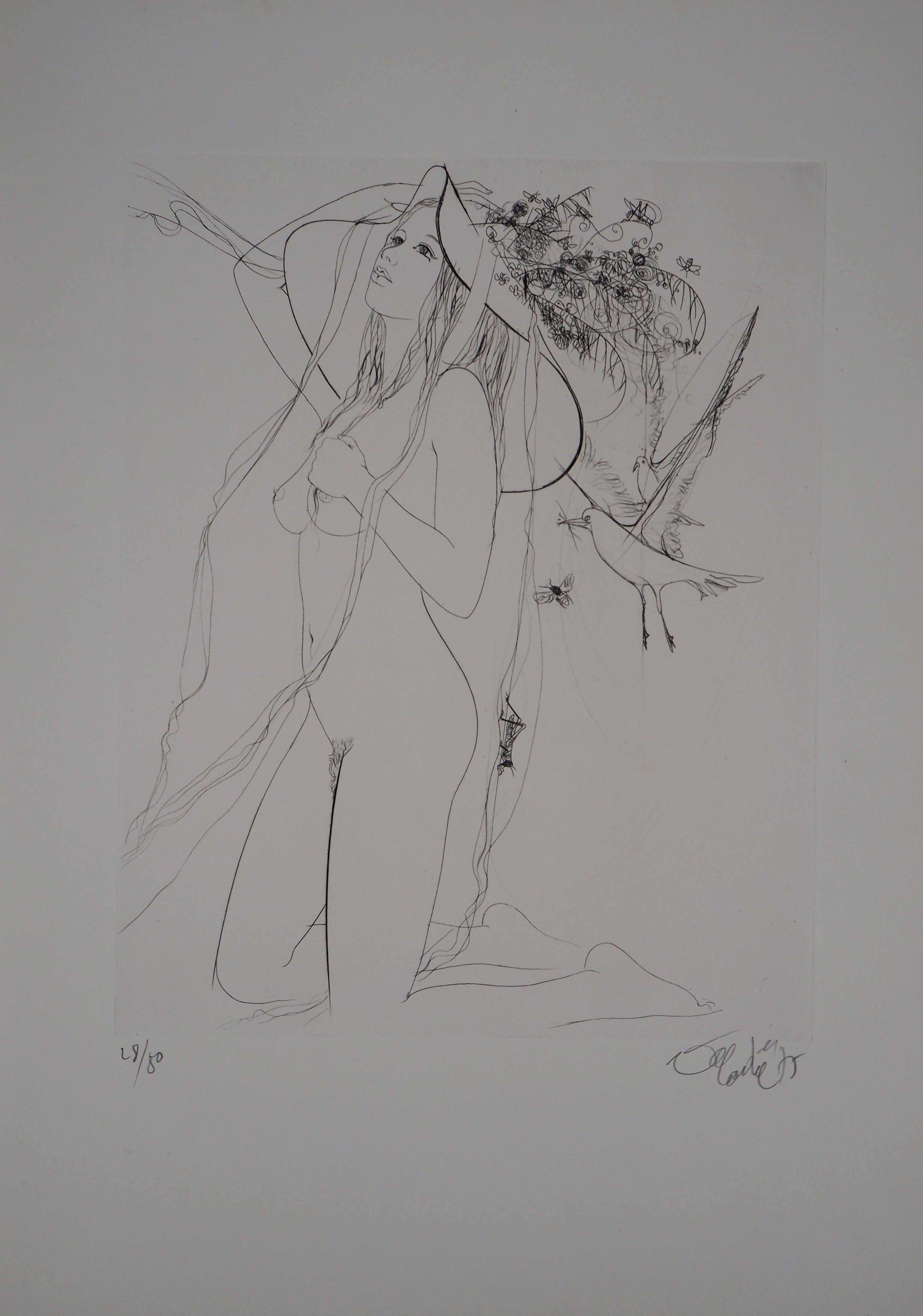 Jean-Baptiste Valadie Nude Print - Nude with Tall Hat and Dove - Original Etching, Handsigned