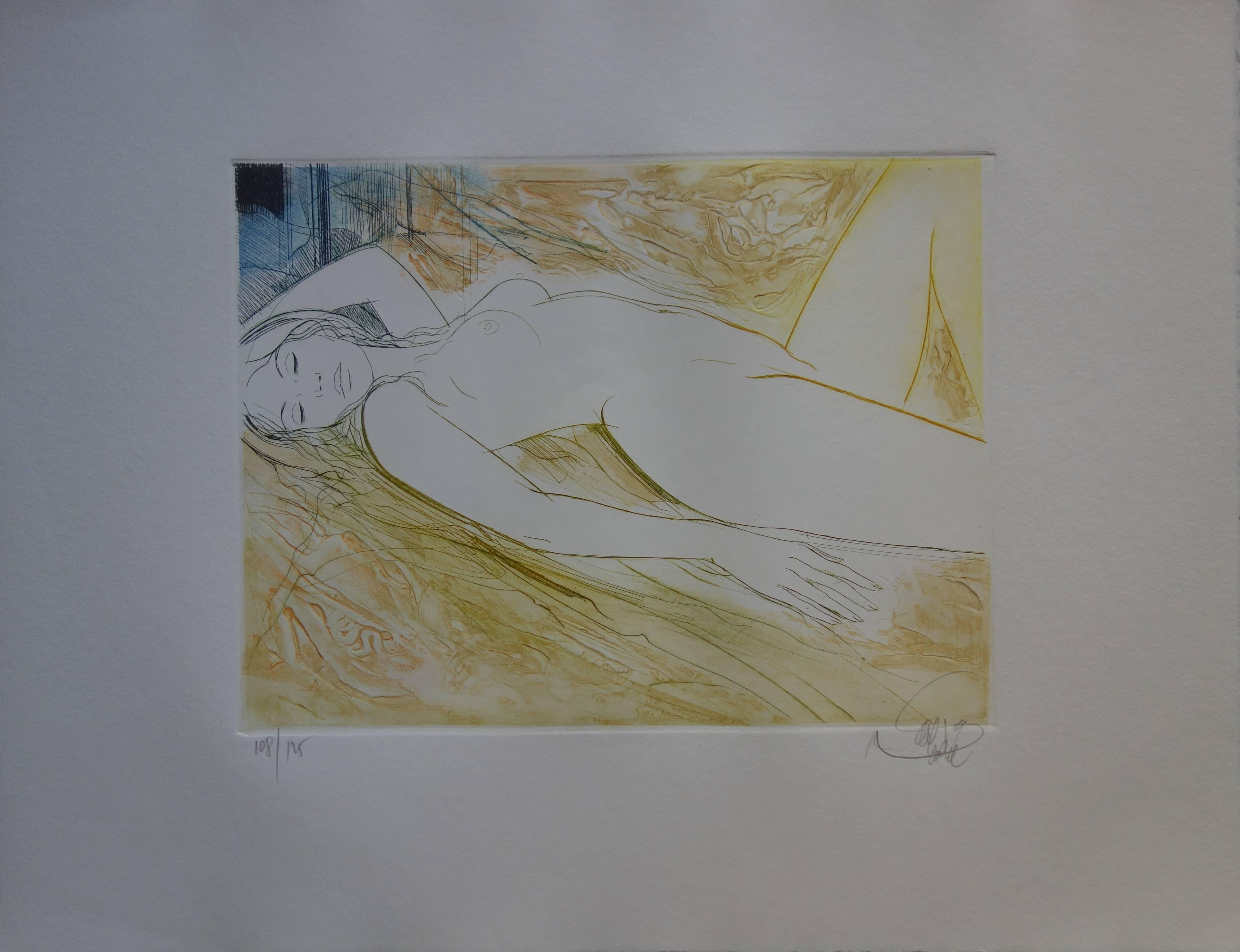 Reclining Nude - Original handsigned etching - Realist Print by Jean-Baptiste Valadie