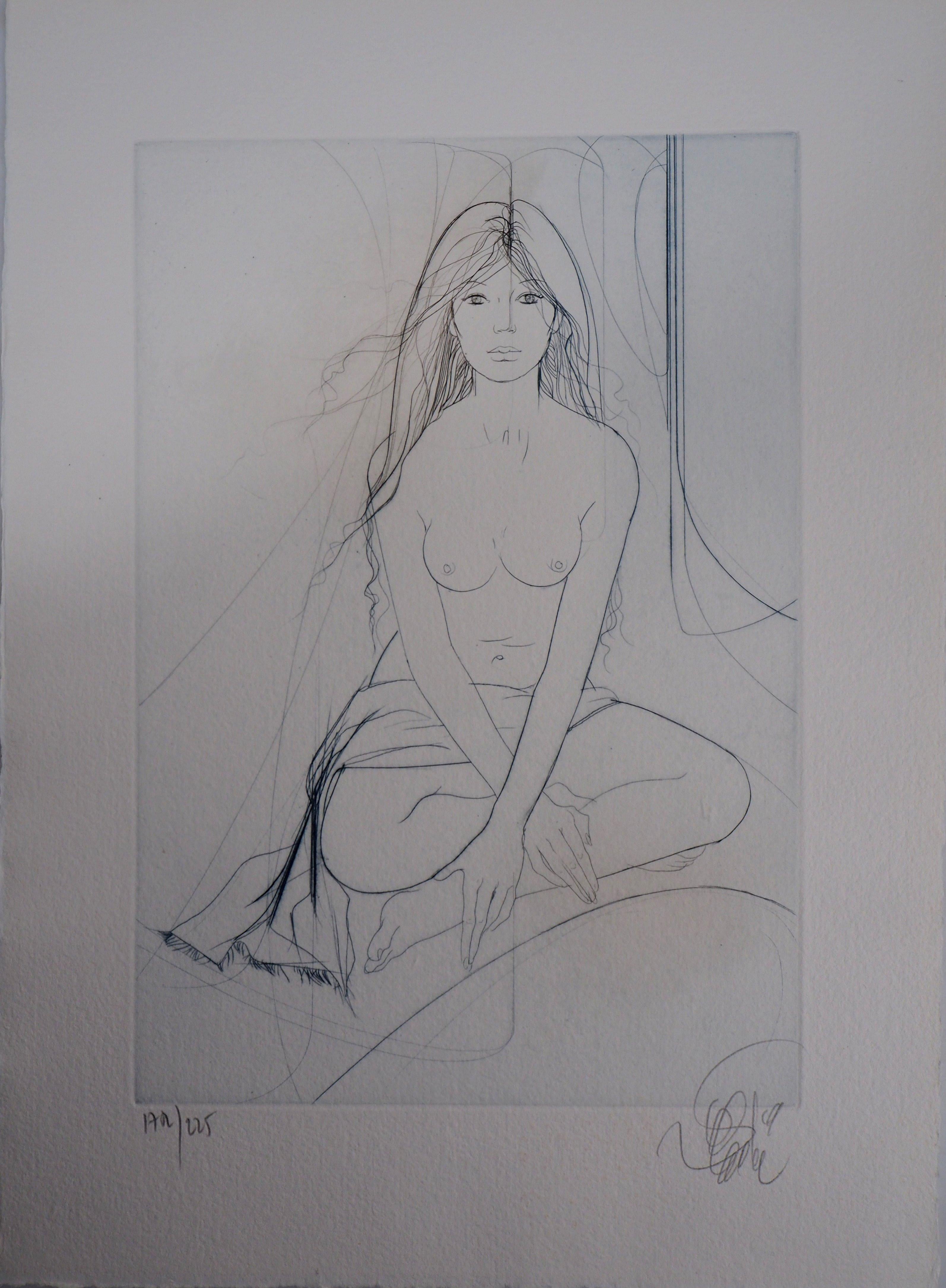 Jean-Baptiste Valadie Nude Print - Seated Calm Nude - Original Etching, Handsigned