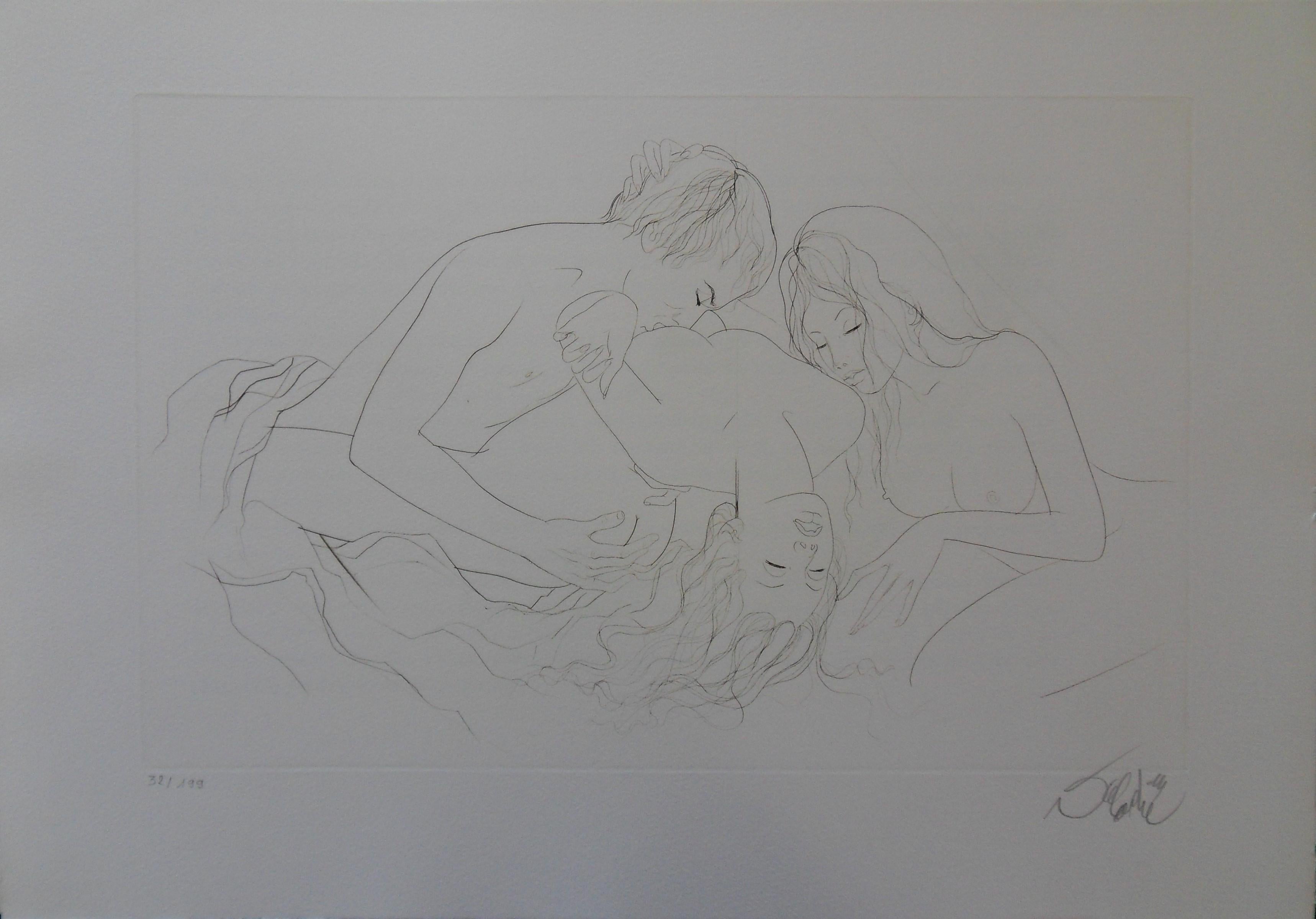 Nude Print Jean-Baptiste Valadie - Trois amoureux - eau-forte originale signée à la main