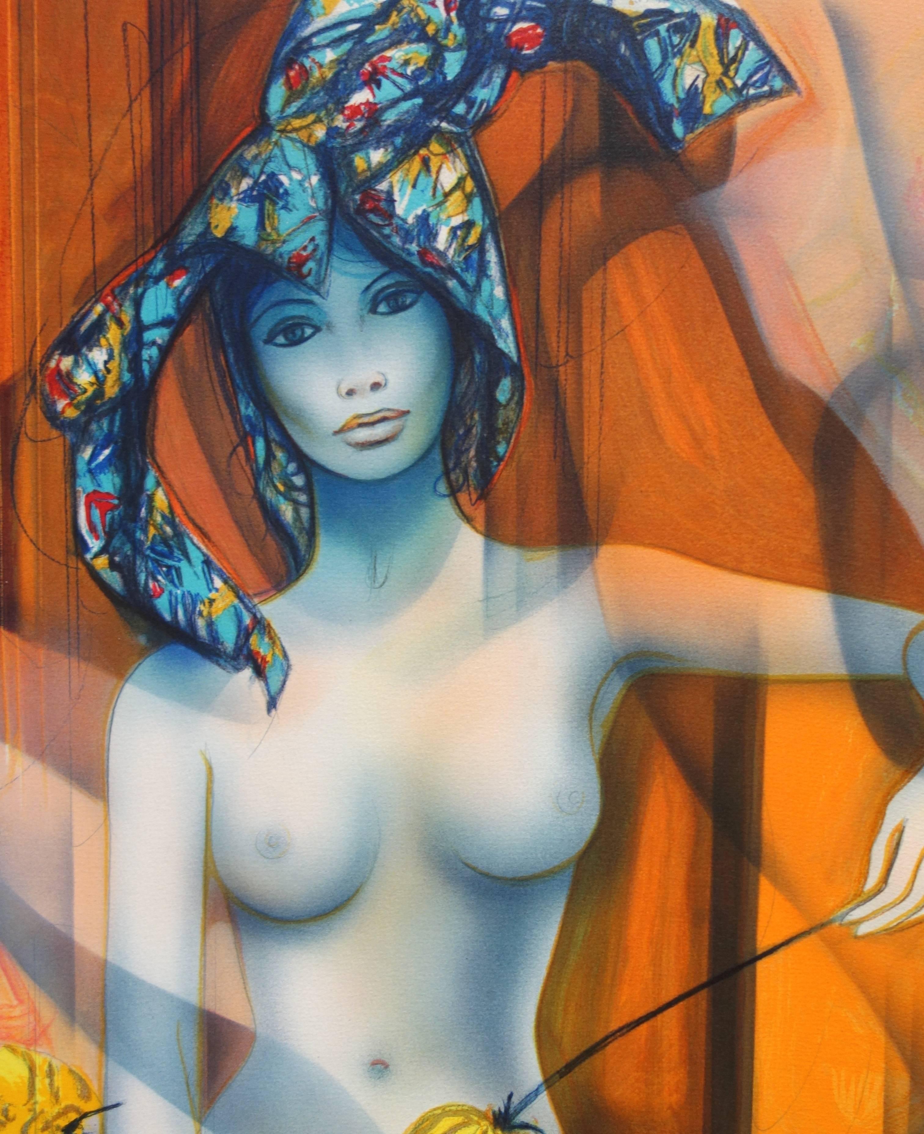 Treasure : Harlequine - Original handsigned lithograph - Brown Nude Print by Jean-Baptiste Valadie