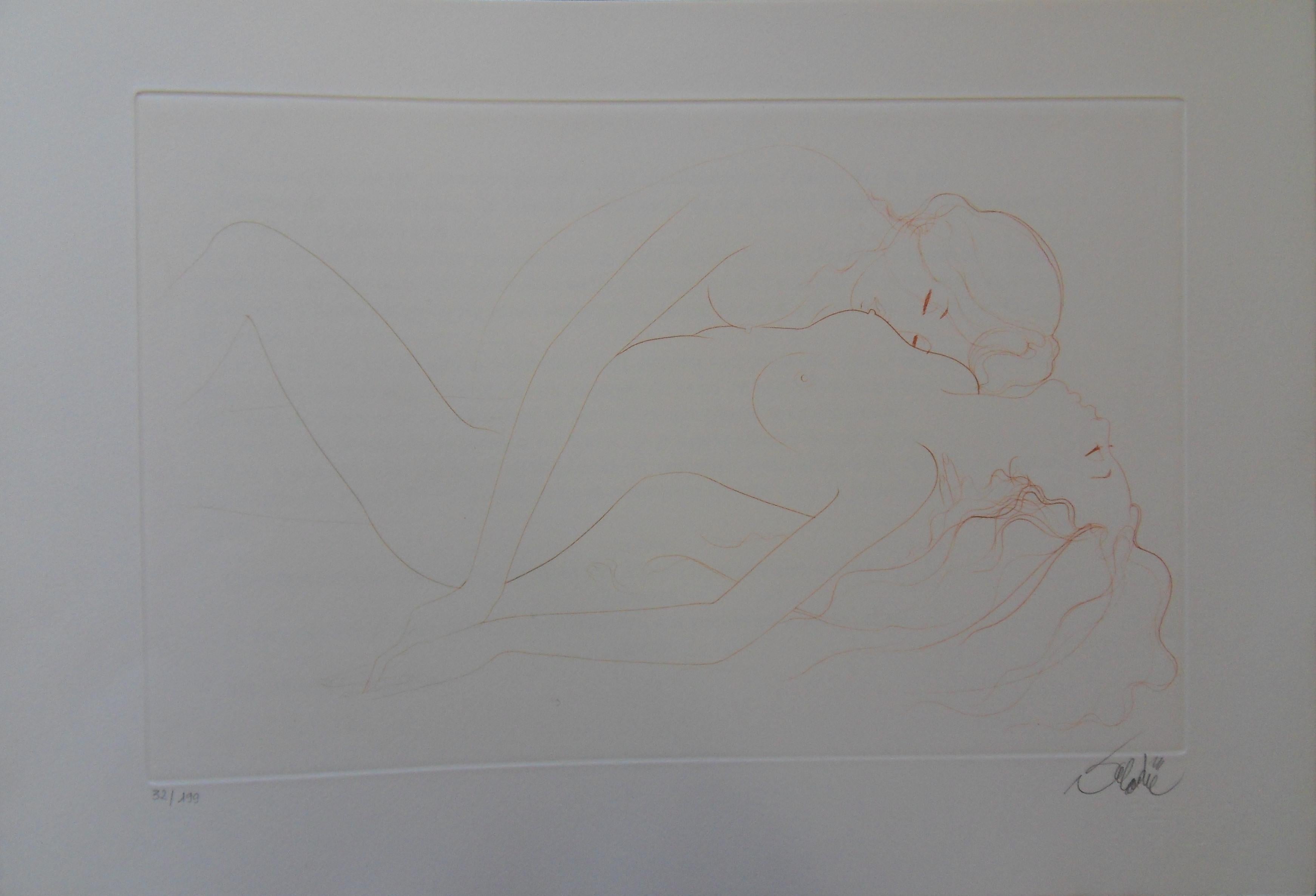 Jean-Baptiste Valadie Nude Print - Two Nudes Asleep - Original handsigned etching