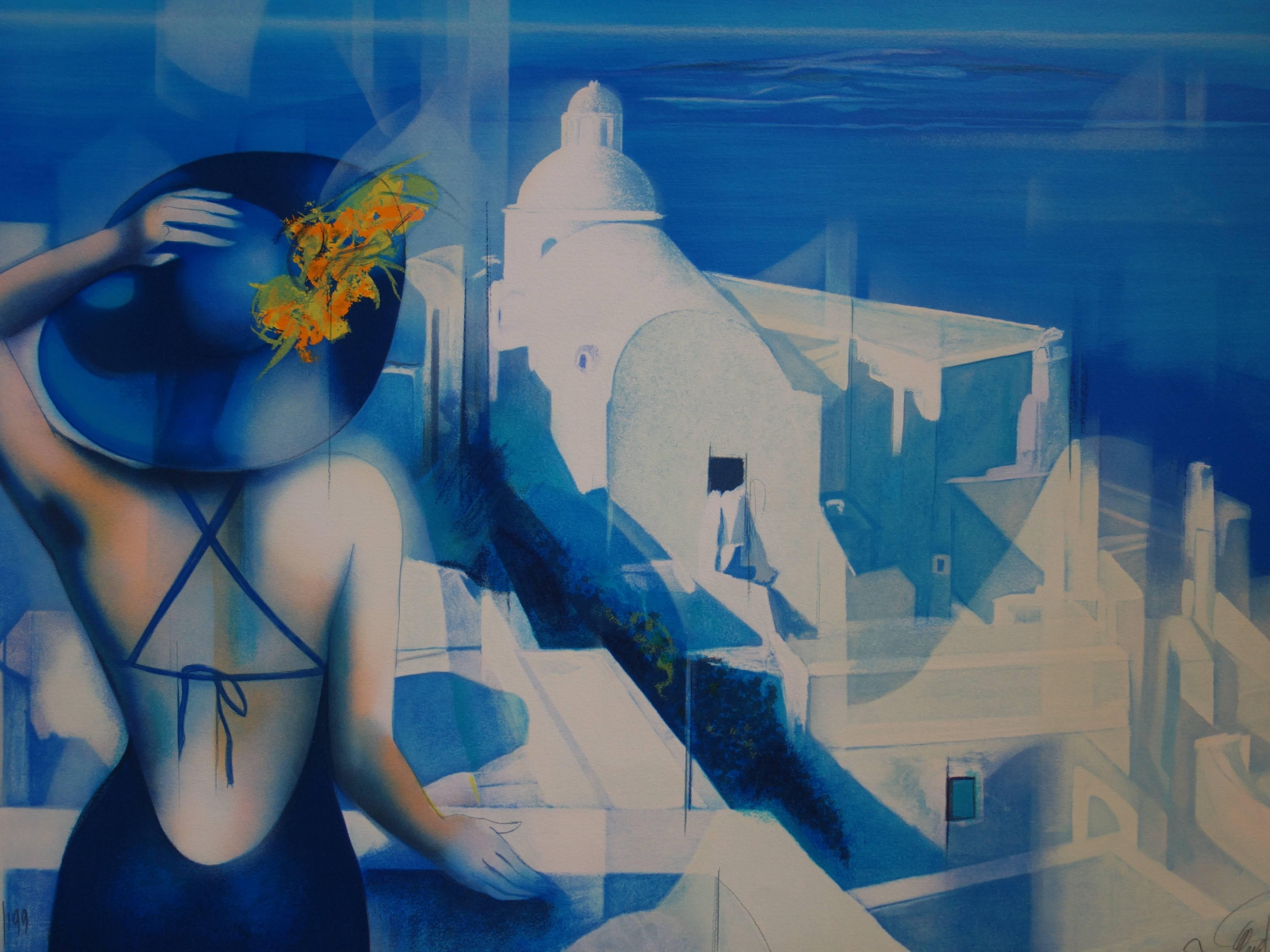 White Light of Santorini - Original handsigned lithograph - Modern Print by Jean-Baptiste Valadie