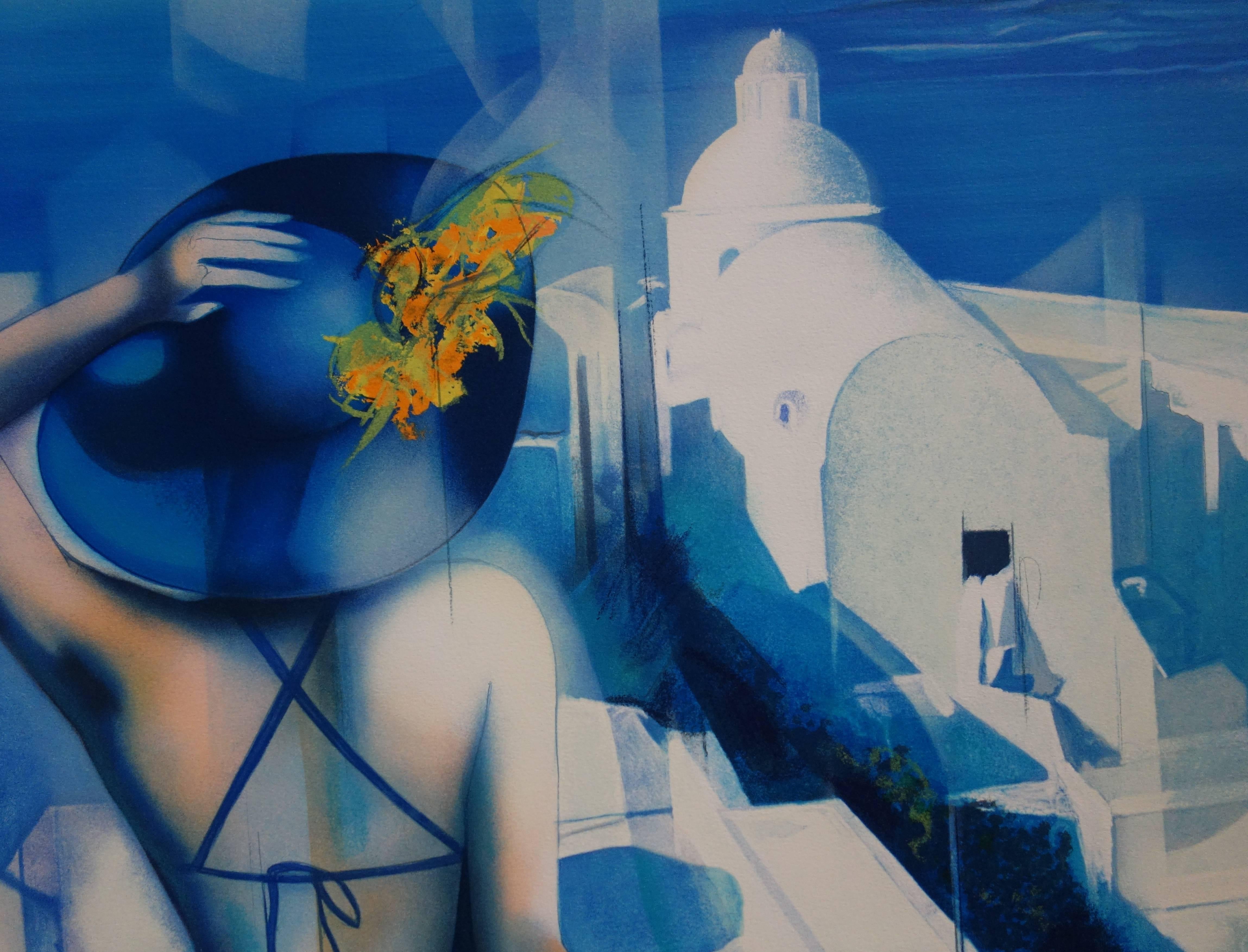 White Light of Santorini - Original handsigned lithograph - Blue Landscape Print by Jean-Baptiste Valadie
