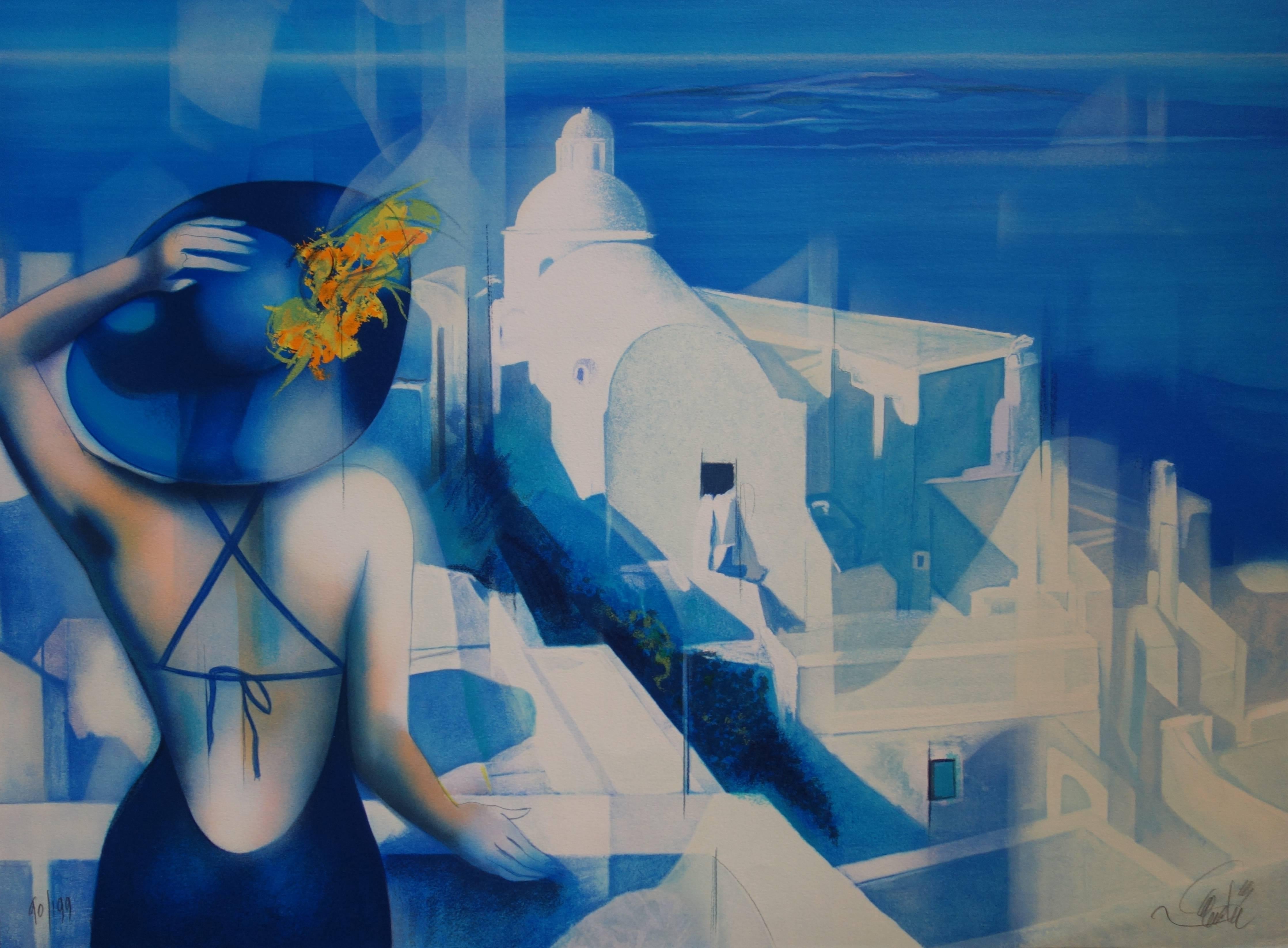 Jean-Baptiste Valadie Landscape Print - White Light of Santorini - Original handsigned lithograph