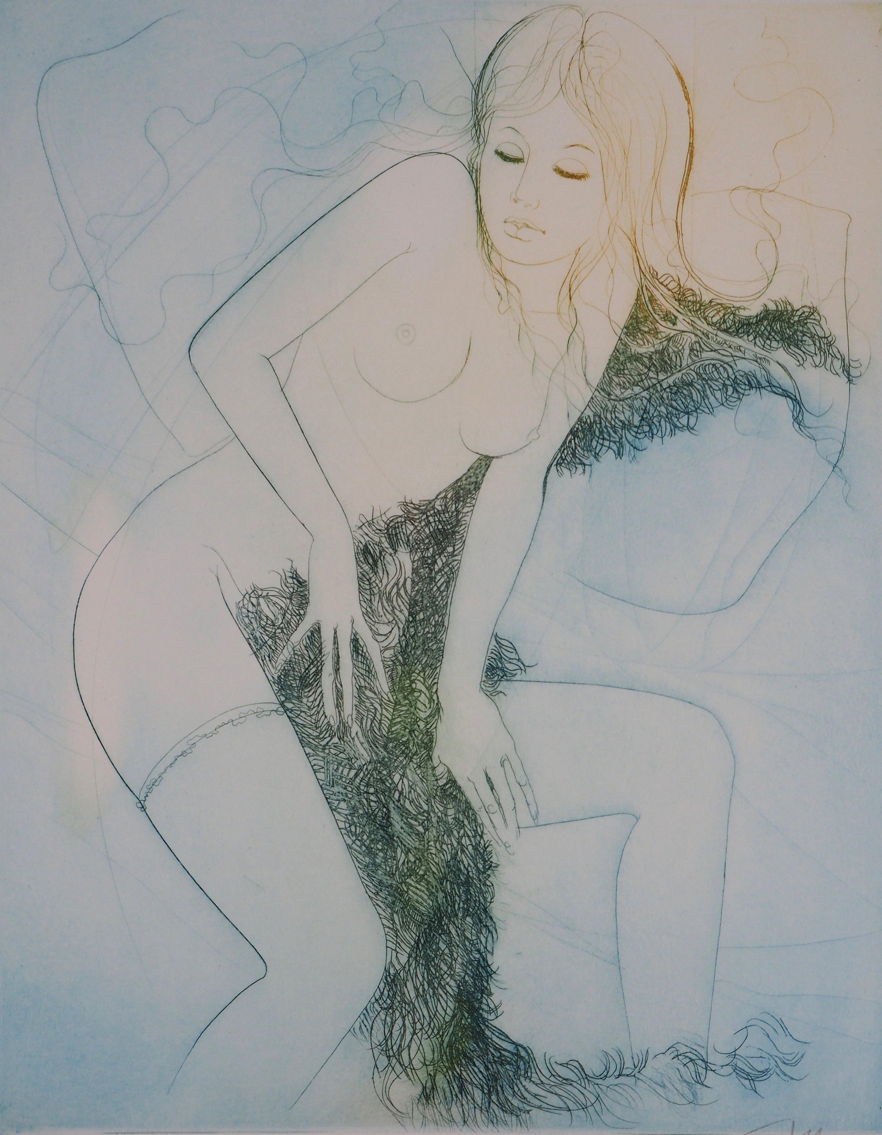 Winter : Mujer con funda - Grabado original, firmado a mano - Numerado /225 - Print Moderno de Jean-Baptiste Valadie