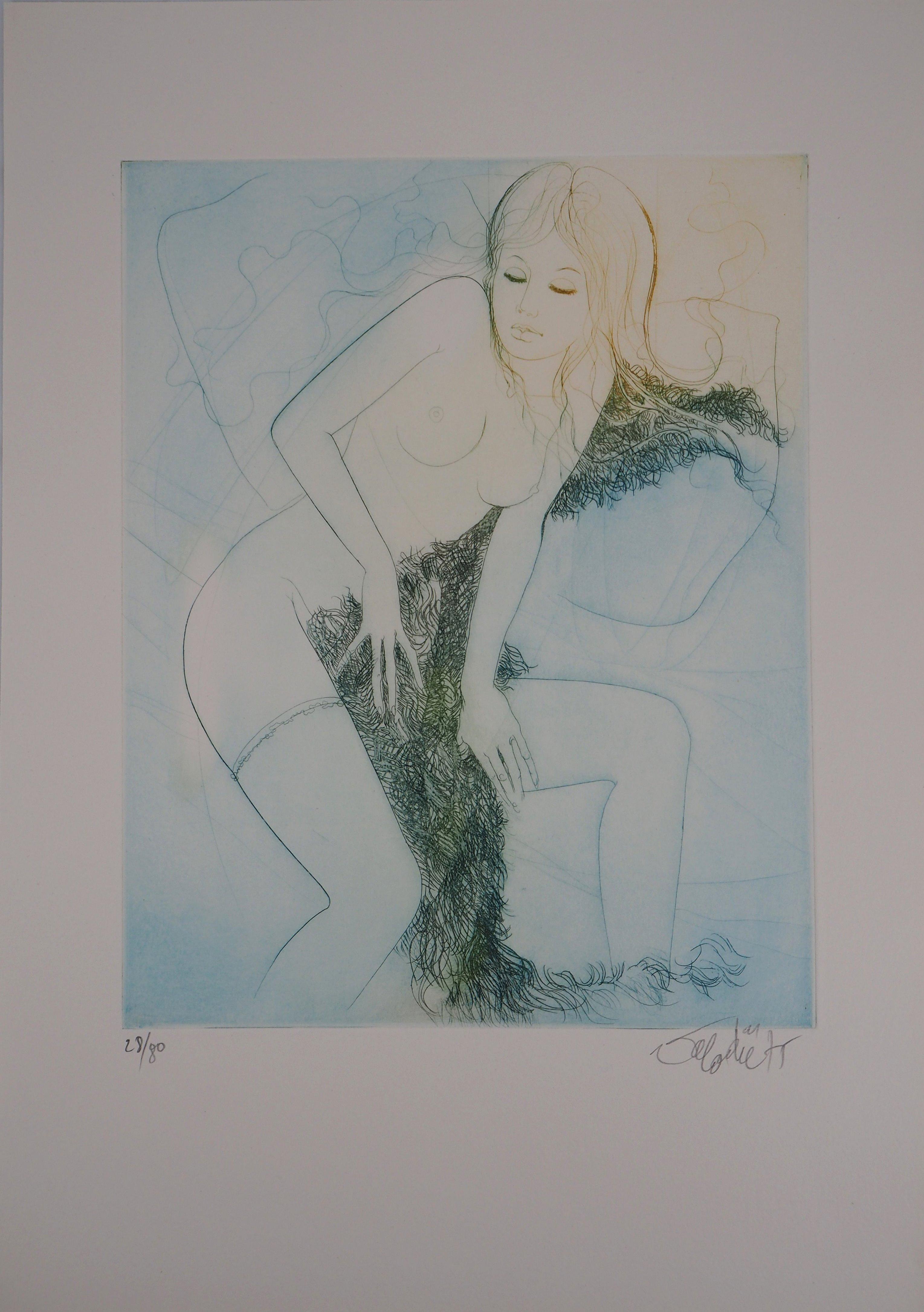 Jean-Baptiste Valadie Nude Print - Winter : Woman with Cover - Original Etching, Handsigned - Numbered /225