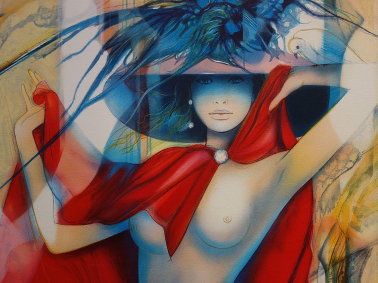 Woman with Red Cape and Doves - Original handsigned lithograph - 199ex - Modern Print by Jean-Baptiste Valadie