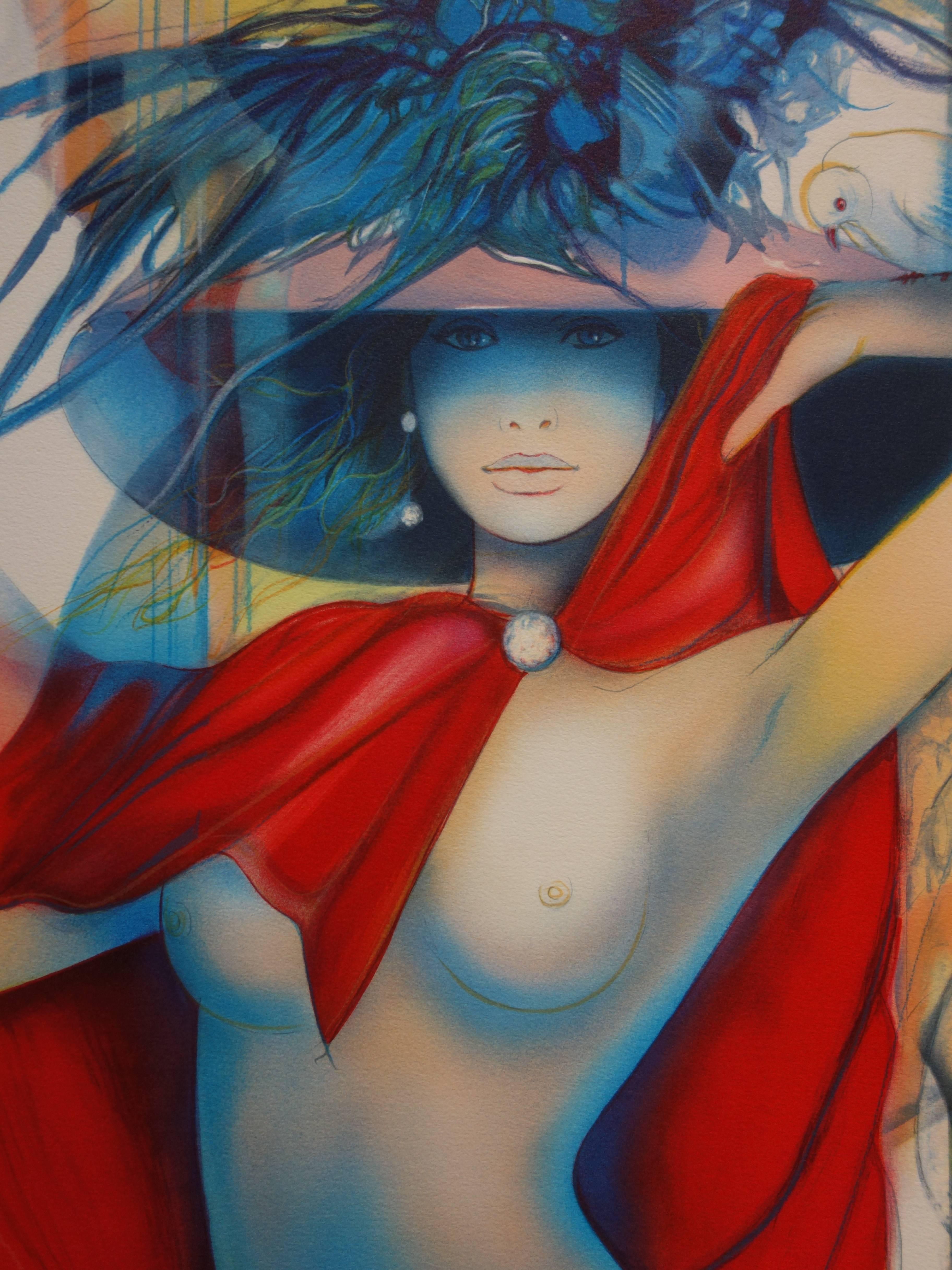 Woman mit rotem Umhang und Tauben - Original handsignierte Lithographie - 199ex (Braun), Nude Print, von Jean-Baptiste Valadie