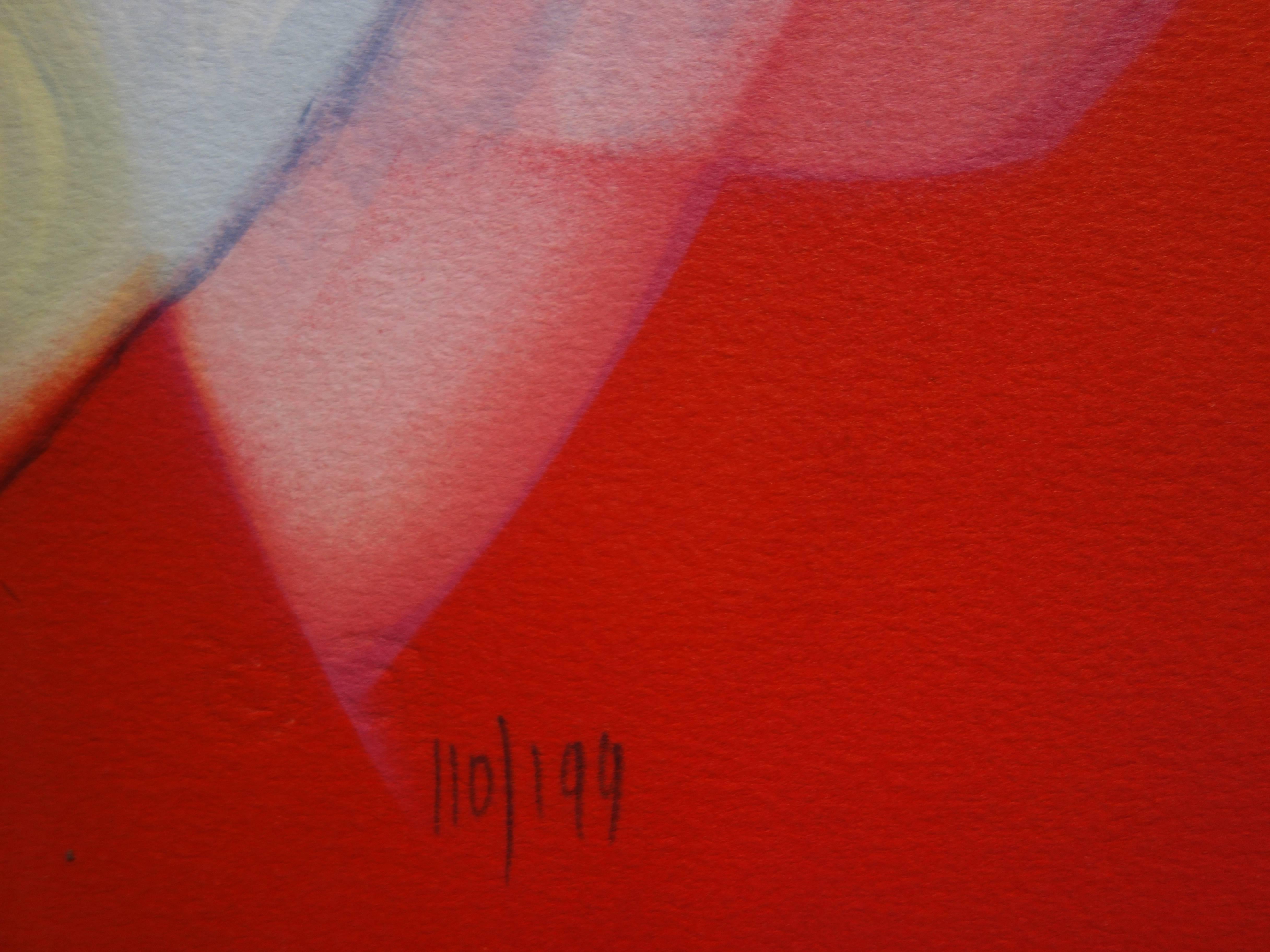 Woman mit rotem Umhang und Tauben - Original handsignierte Lithographie - 199ex im Angebot 1