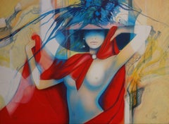 Woman mit rotem Umhang und Tauben - Original handsignierte Lithographie - 199ex