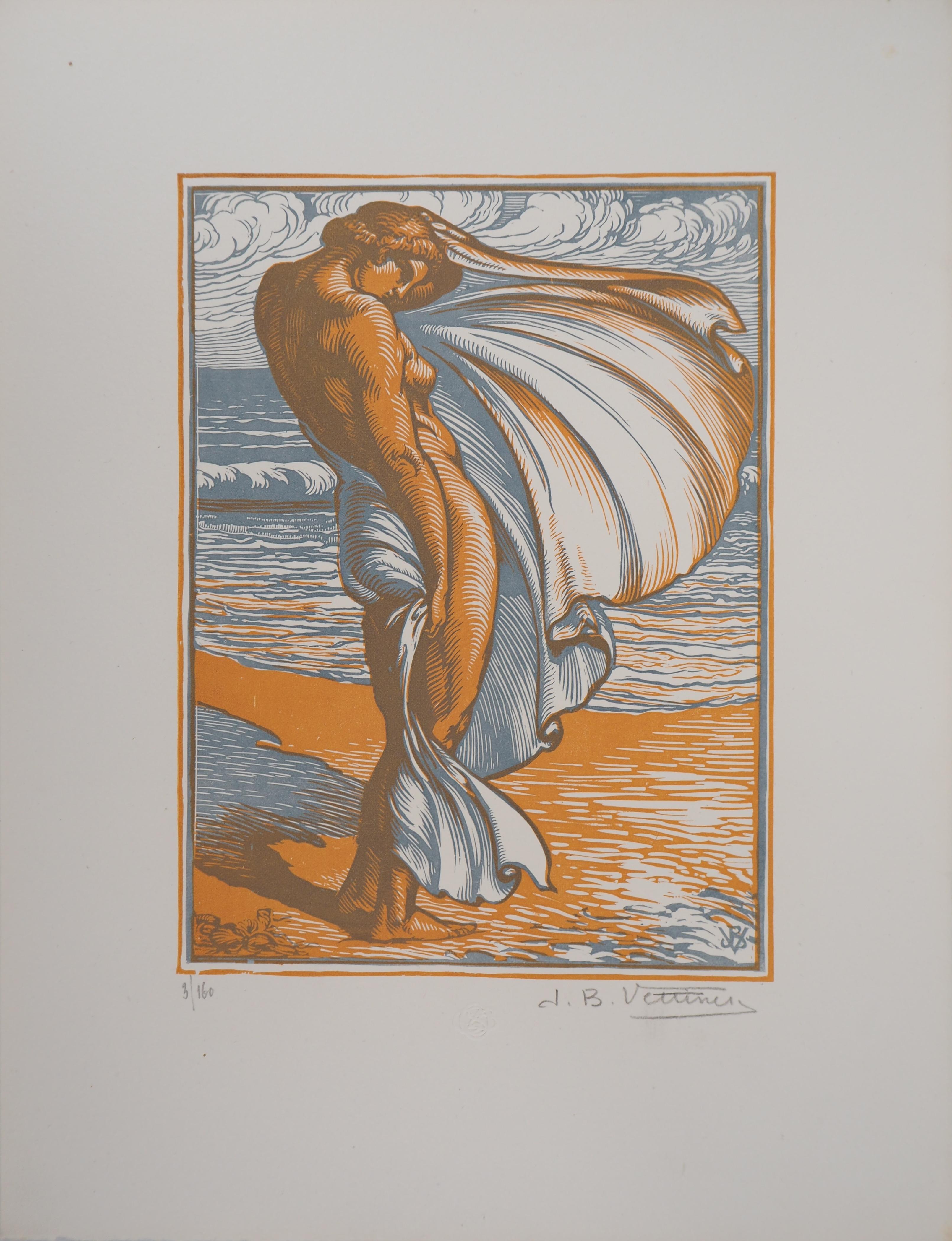 On the Beach : Bather in the Wind - Original wooodcut, Handsigned - Print by Jean Baptiste Vettiner