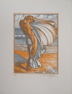 On the Beach : Bather in the Wind - Original wooodcut, Handsigned