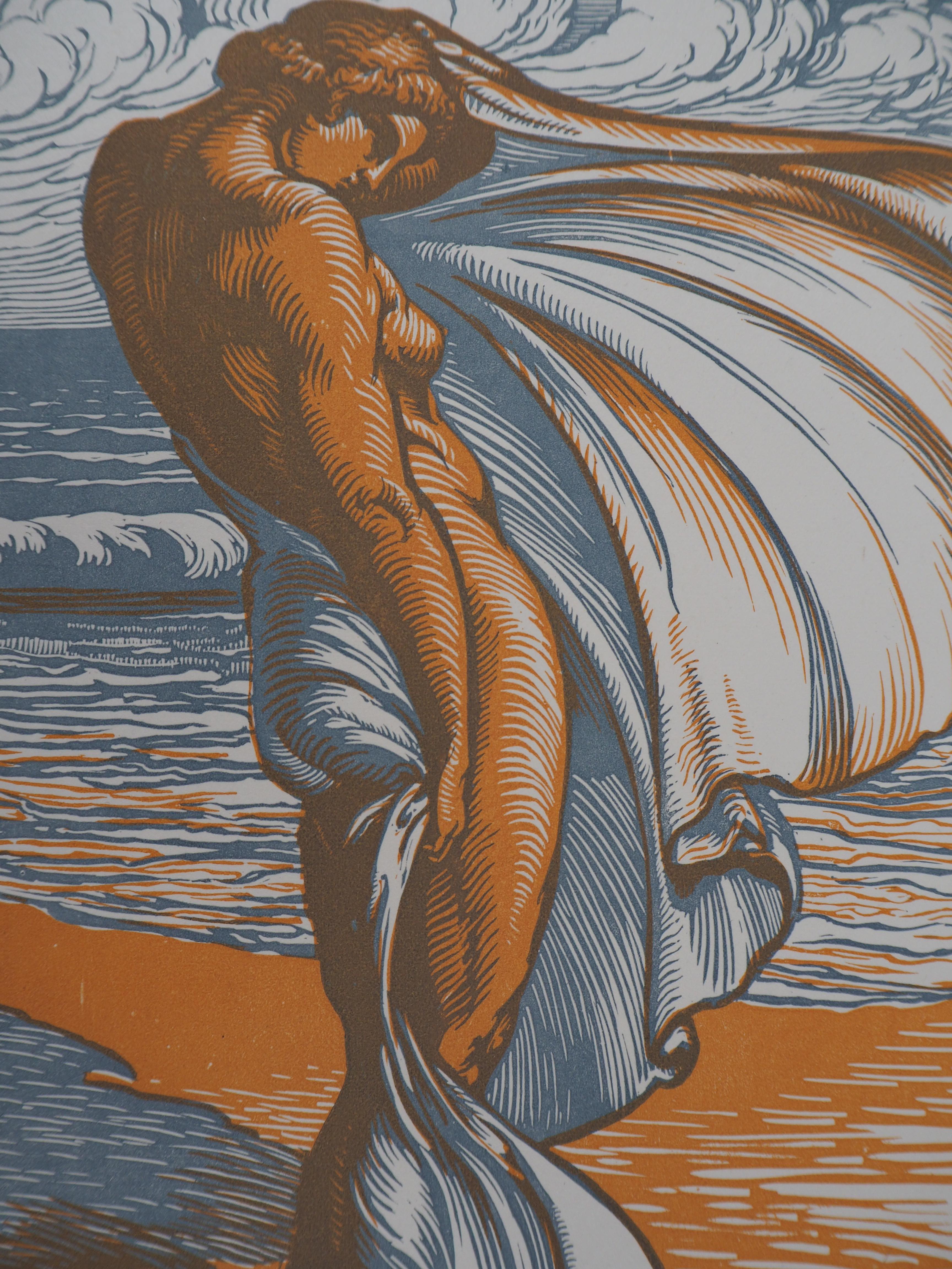 On the Beach : Bather in the Wind - Original wooodcut, Handsigned - Art Deco Print by Jean Baptiste Vettiner