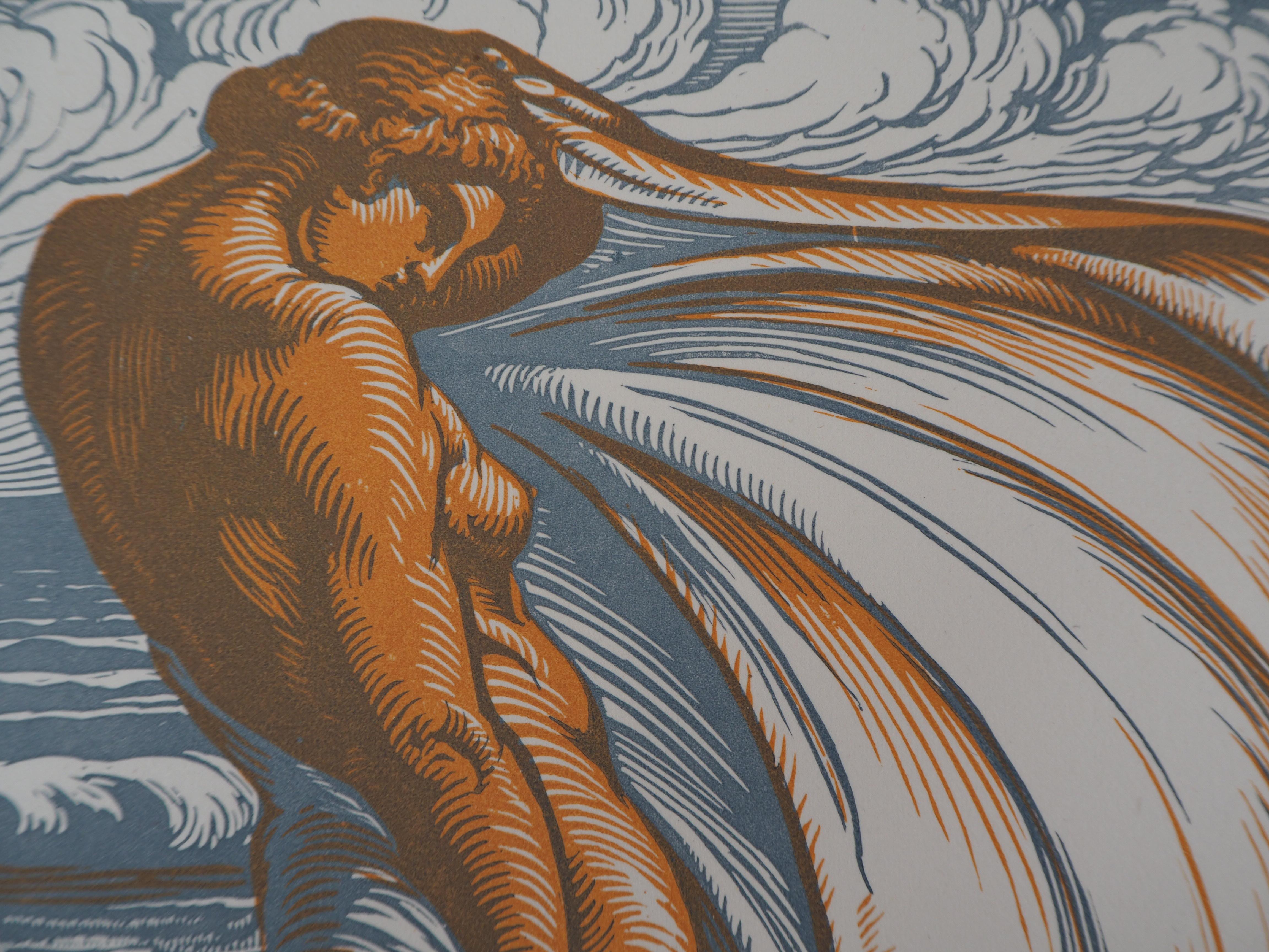 On the Beach : Bather in the Wind - Original wooodcut, Handsigned - Gray Nude Print by Jean Baptiste Vettiner