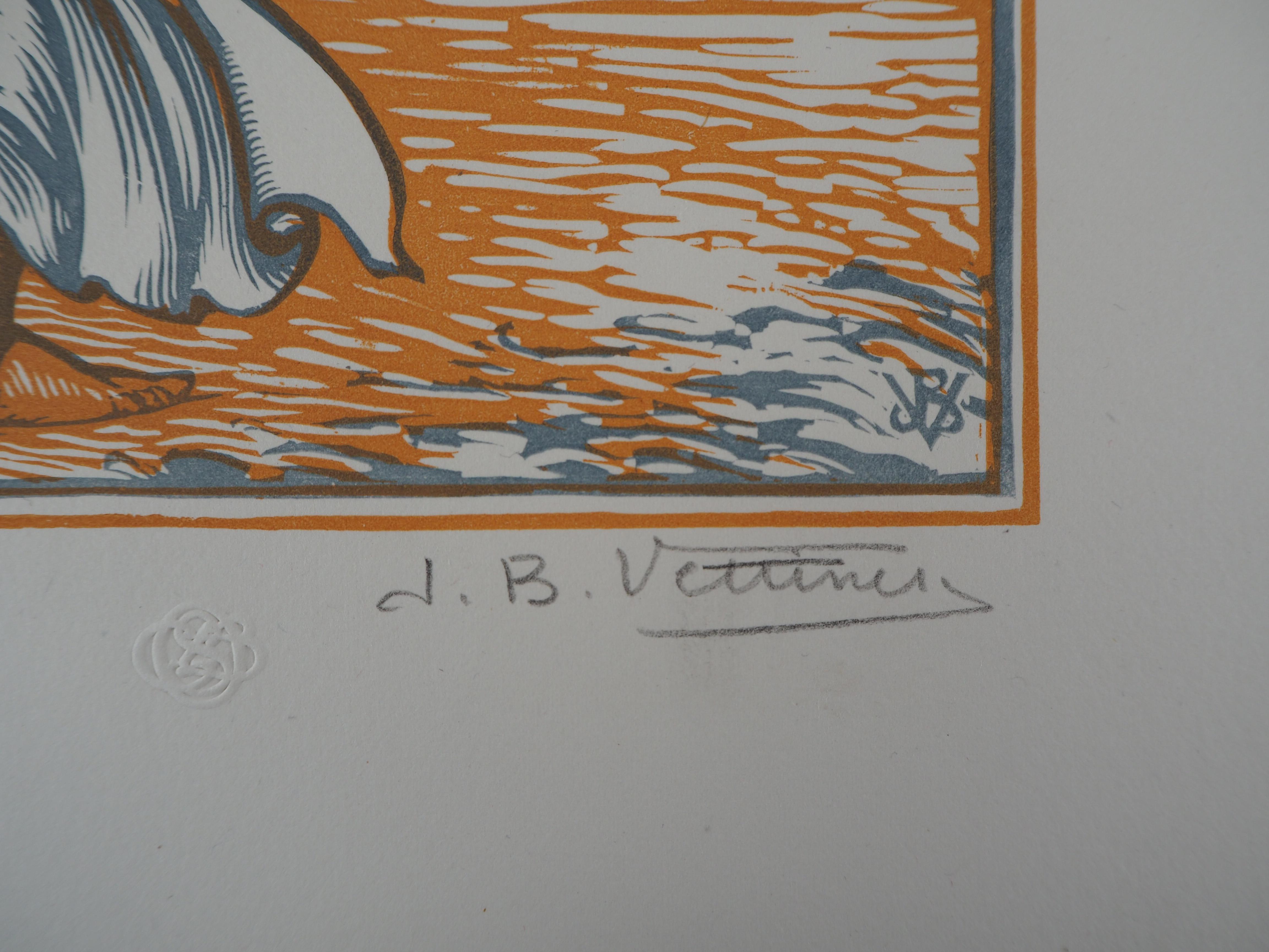 Jean Baptiste VETTINER (1871-1935)
On the Beach : Bather in the Wind, 1928

Original woodcut
Handsigned in pencil
Numbered /160
On vellum 32.5 x 25.5 cm (c. 13 x 10 in)
Bears the blind stamp of the editor 'Imagier de la Gravure sur Bois' (Lugt