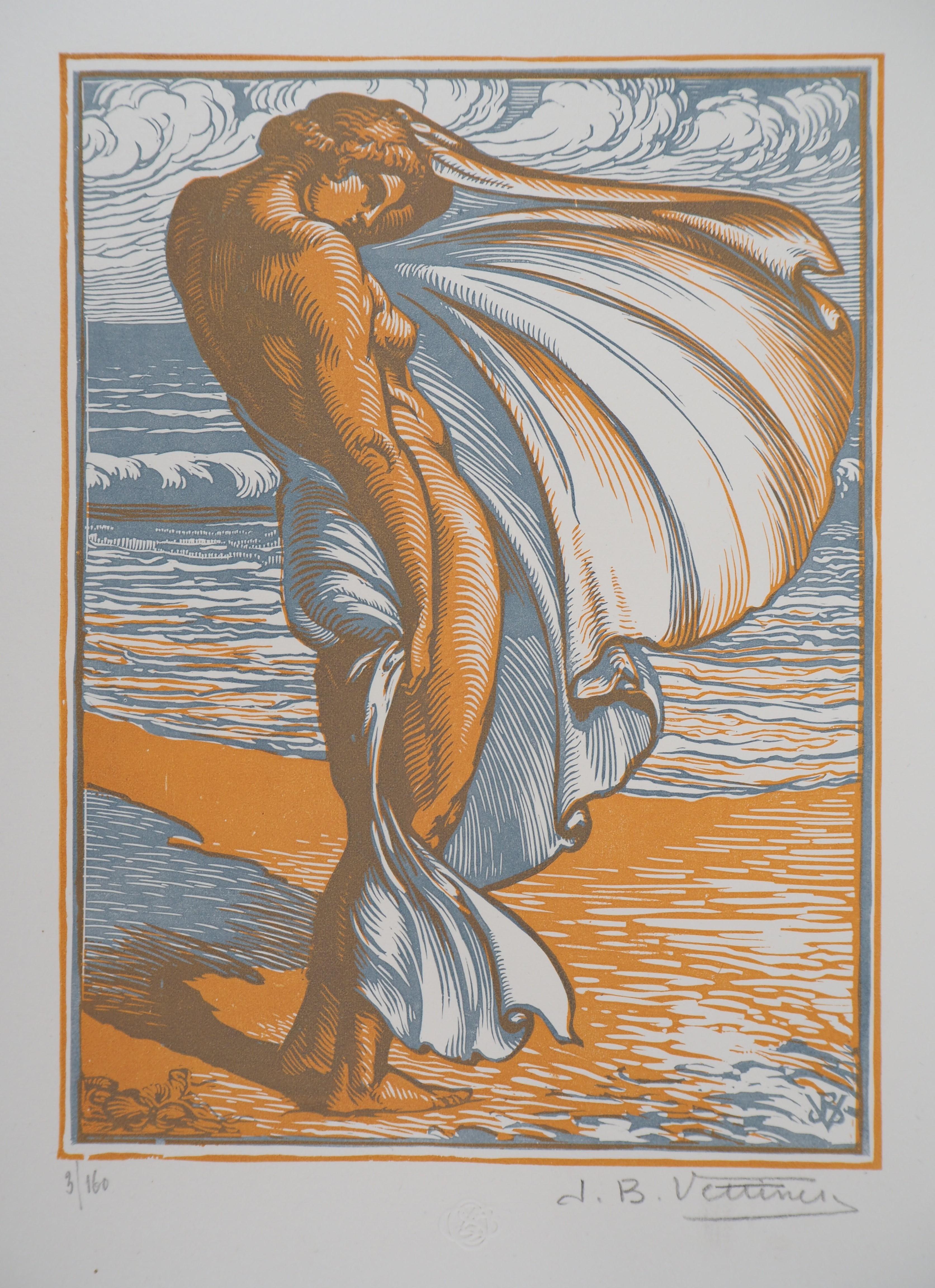 On the Beach : Bather in the Wind - Original wooodcut, Handsigned