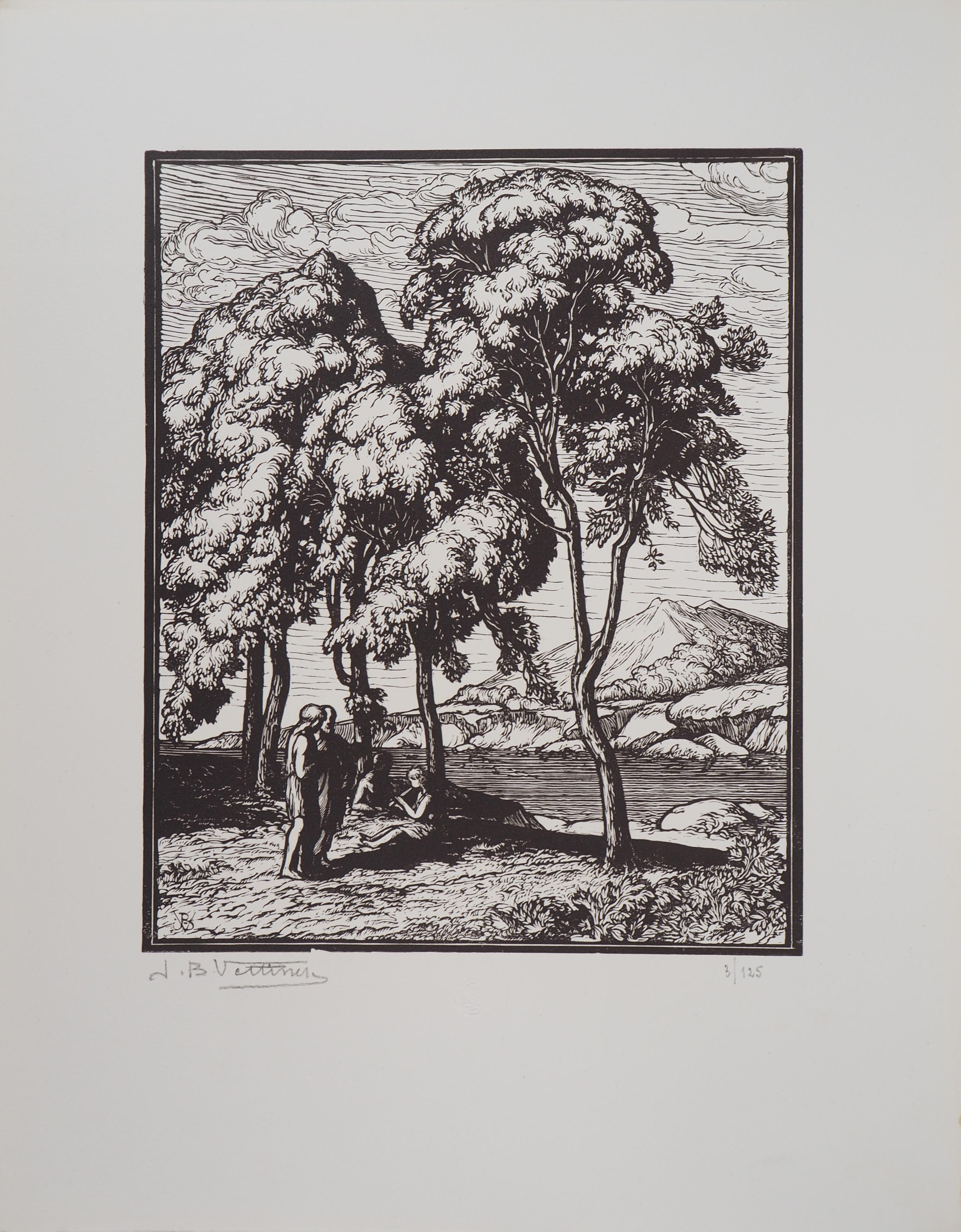 The Philosophers : Quiet Walk near the Sea- Original wooodcut, Handsigned - Print by Jean Baptiste Vettiner