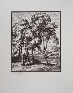 The Philosophers : Quiet Walk near the Sea- Original wooodcut, Handsigned
