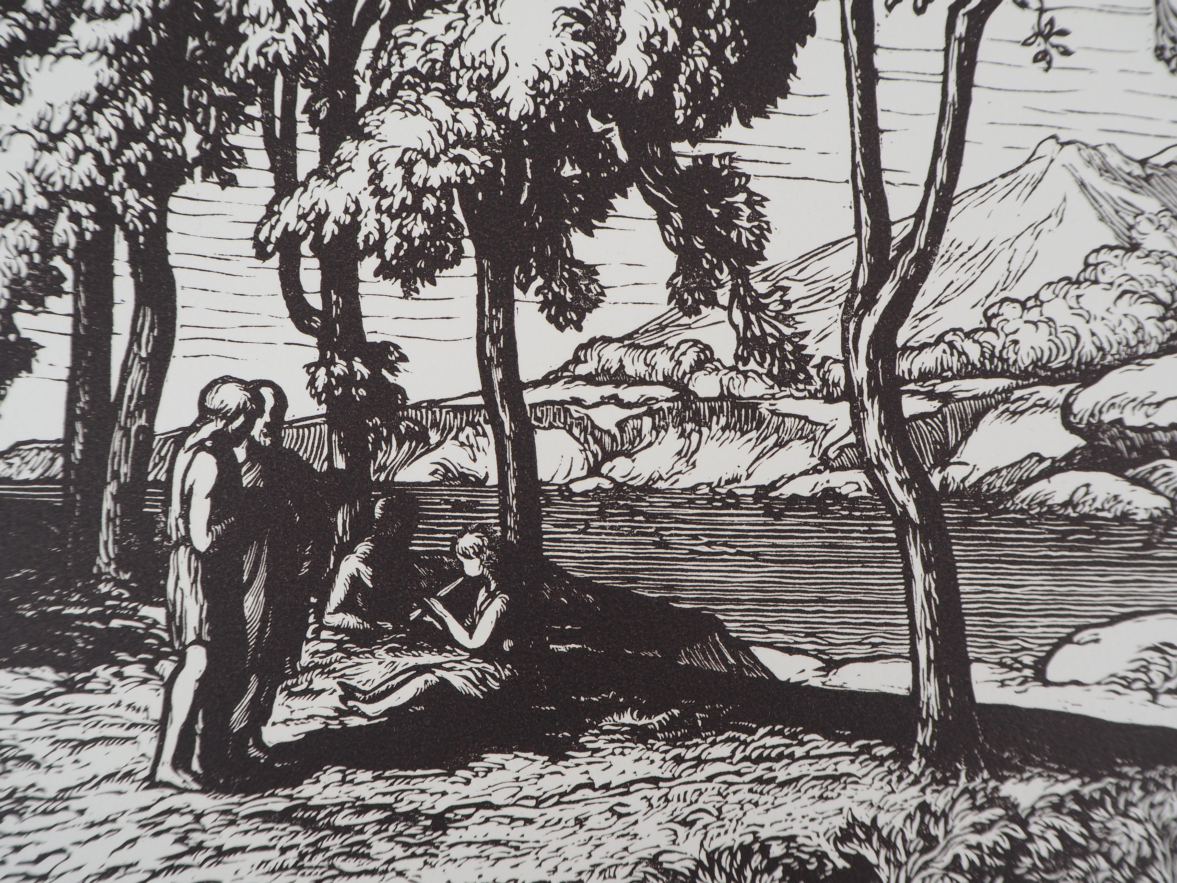 The Philosophers : Quiet Walk near the Sea- Original wooodcut, Handsigned - Art Deco Print by Jean Baptiste Vettiner