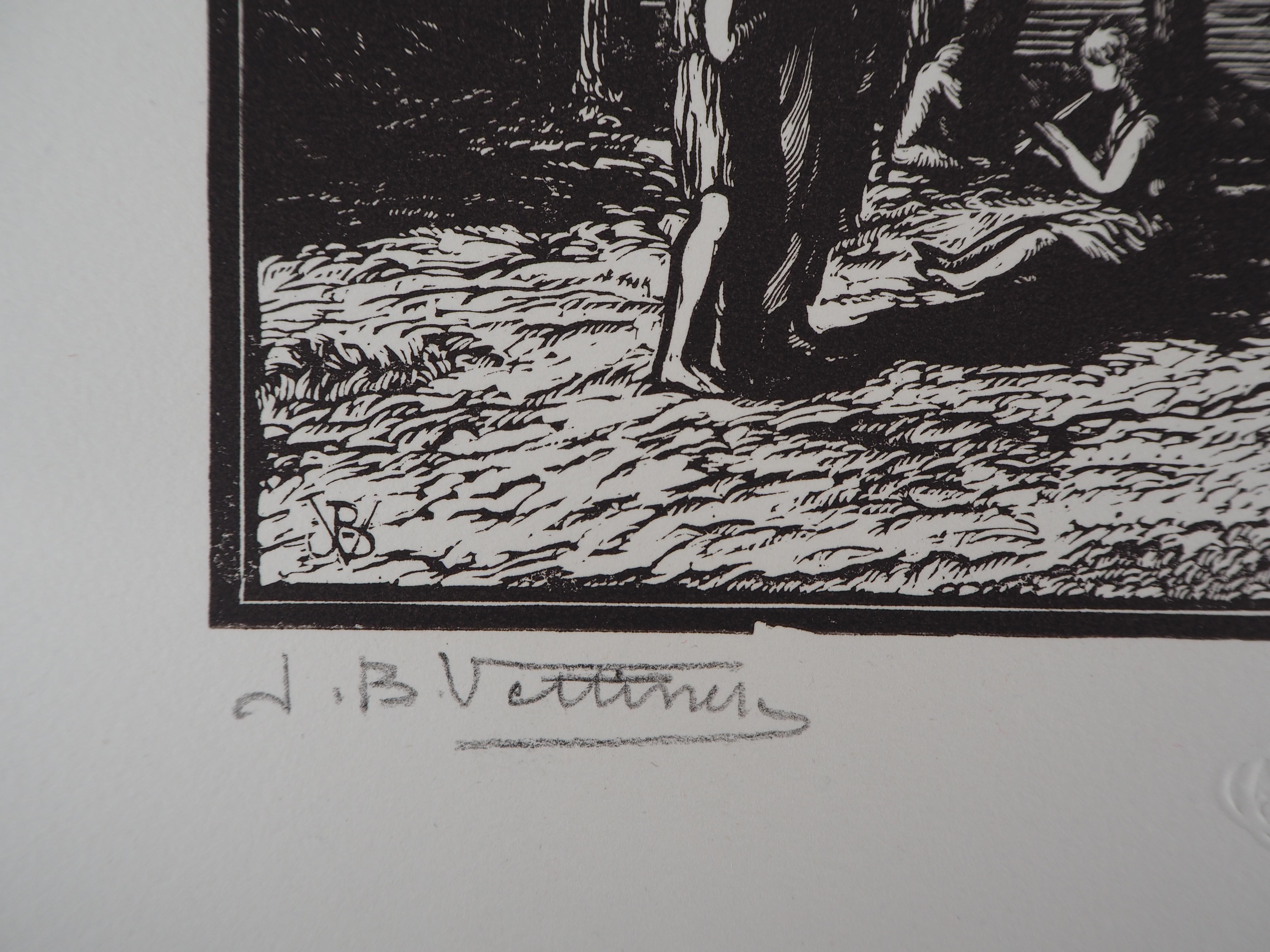 The Philosophers : Quiet Walk near the Sea- Original wooodcut, Handsigned - Gray Landscape Print by Jean Baptiste Vettiner