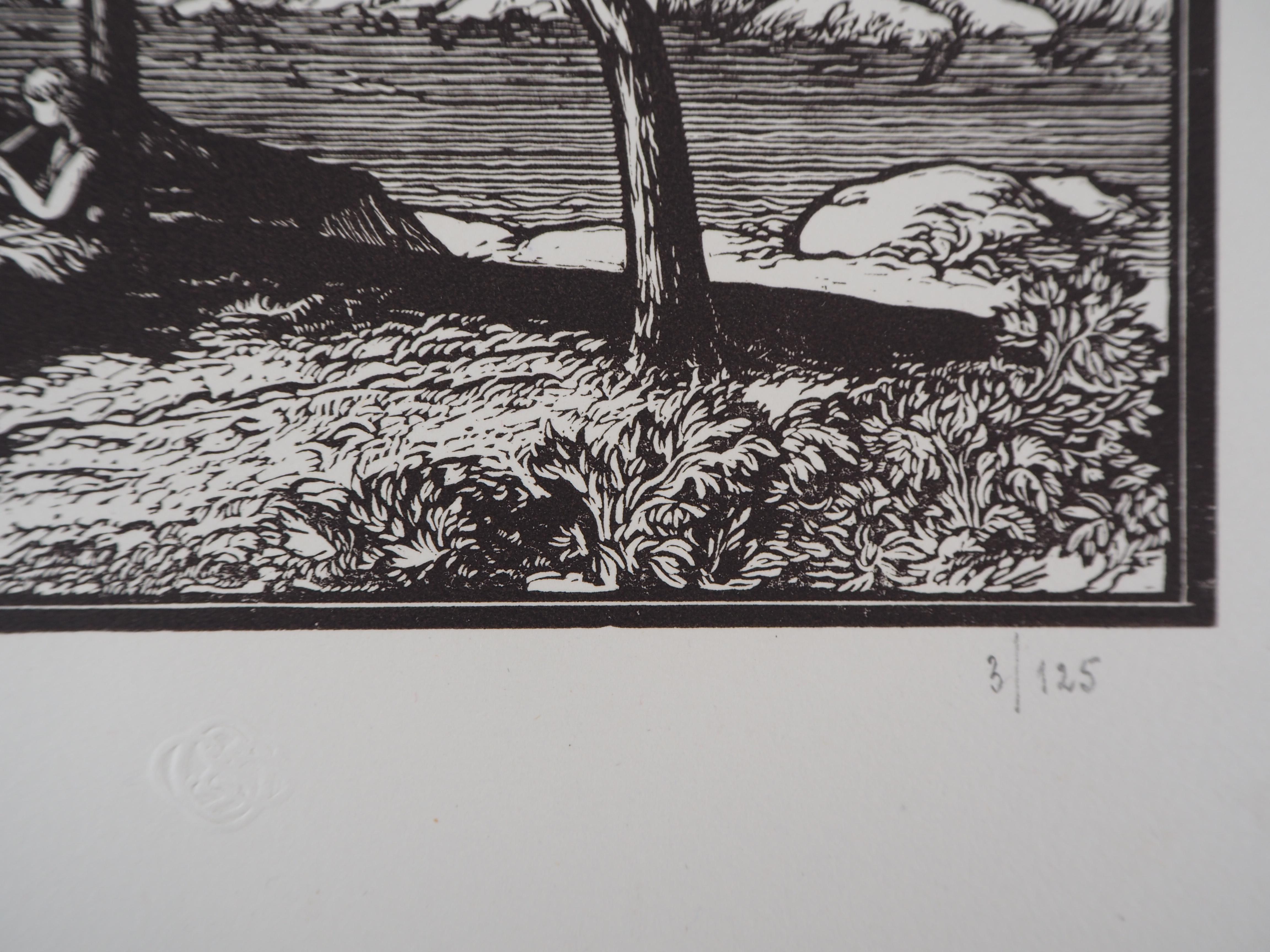 Jean Baptiste VETTINER (1871-1935)
The Philosophers : Quiet Walk near the Sea, 1928

Original woodcut
Handsigned in pencil
Numbered /160
On vellum 32.5 x 25.5 cm (c. 13 x 10 in)
Bears the blind stamp of the editor 'Imagier de la Gravure sur Bois'